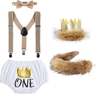 IBTOM CASTLE Baby,Clothing,Baby Boys 0-24m,Outfits & Clothing Sets Baby Boys 1st/2nd Birthday Cake Smash Outits Lion Wild One Crown Fancy Dress Up Party Halloween Costume Shorts Bowtie SuspendersW/Tail 5PCS Clothes Set White-Wild One 0-24Months