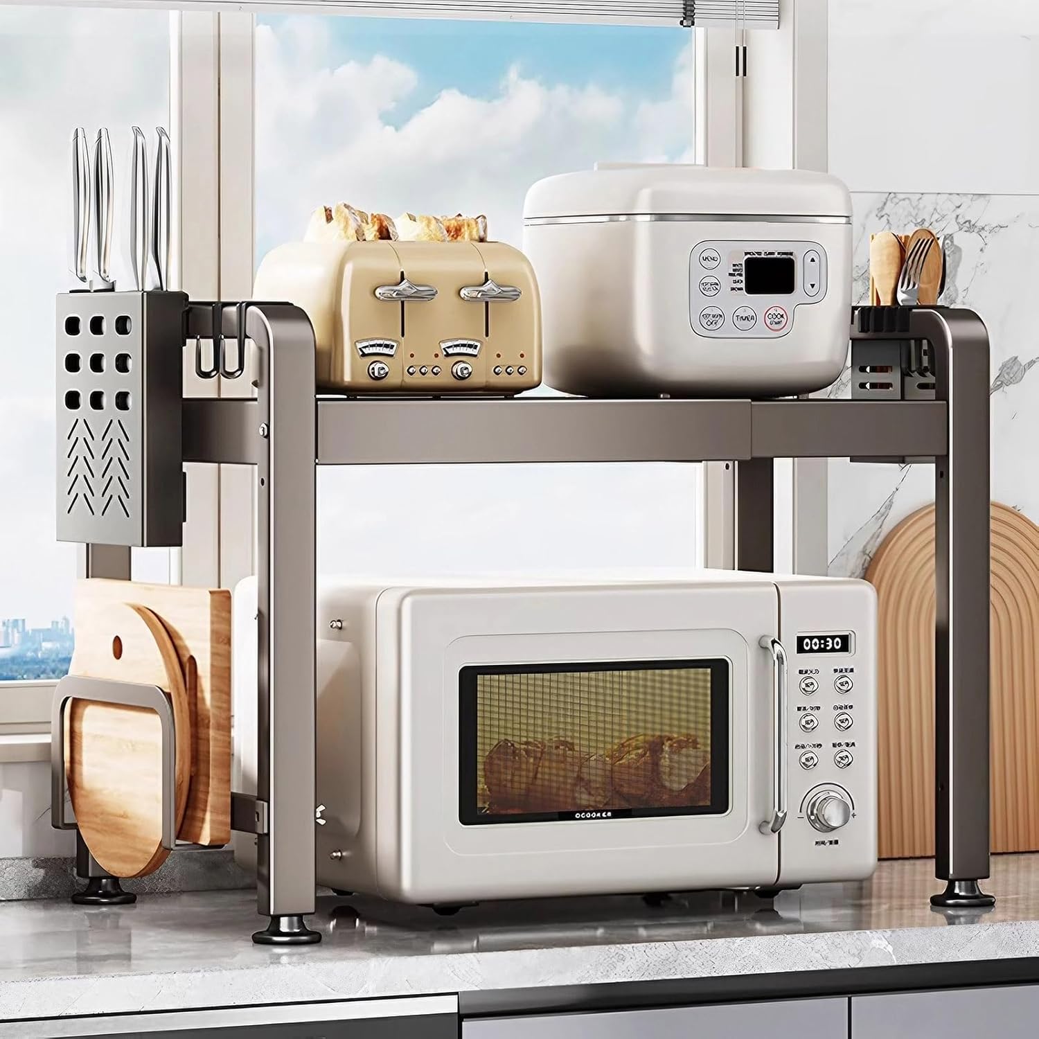 Extendable Microwave Stand Carbon Steel Storage Shelf for Kitchen Organizer Bakers Racks with Hooks and Cutting Board Stand