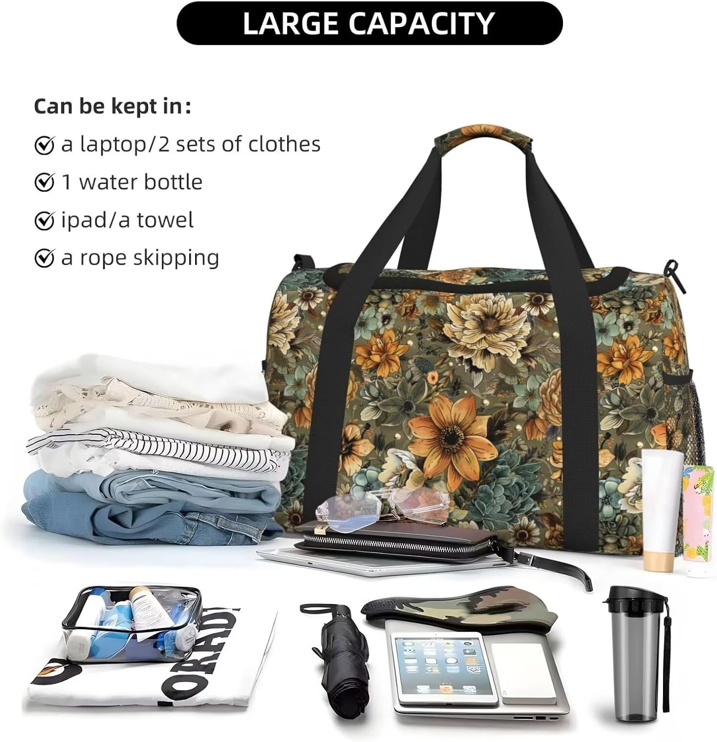 Weekender Bags for Women Retro Flower Travel Bag Mandala Floral Rose Peony Overnight Travel Duffel Bag Carry On Luggage Bag Cute Weekender Bag