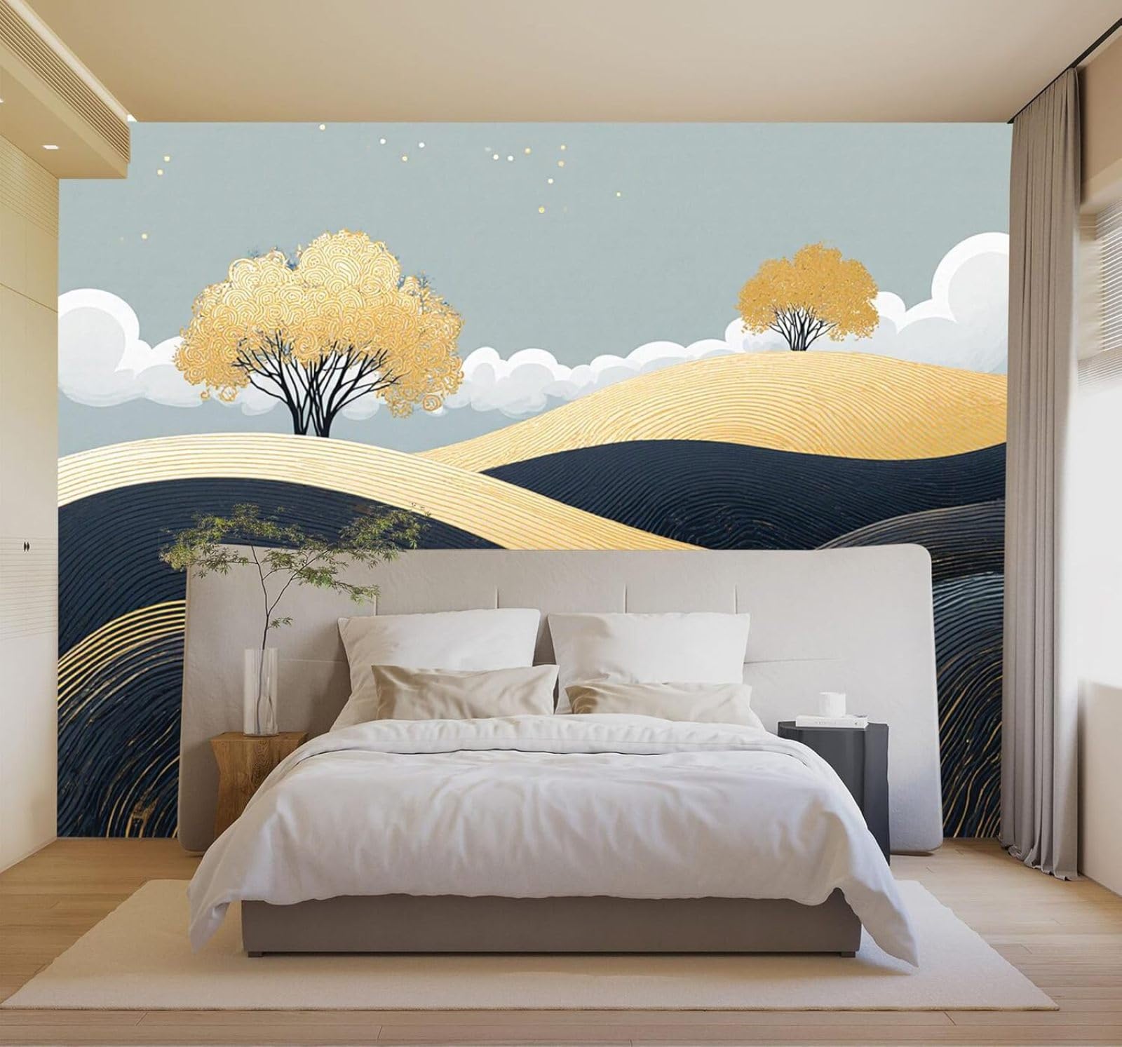 3D Papel Pintado Árboles Nubes Abstracto Colinas Doradas Paisaje