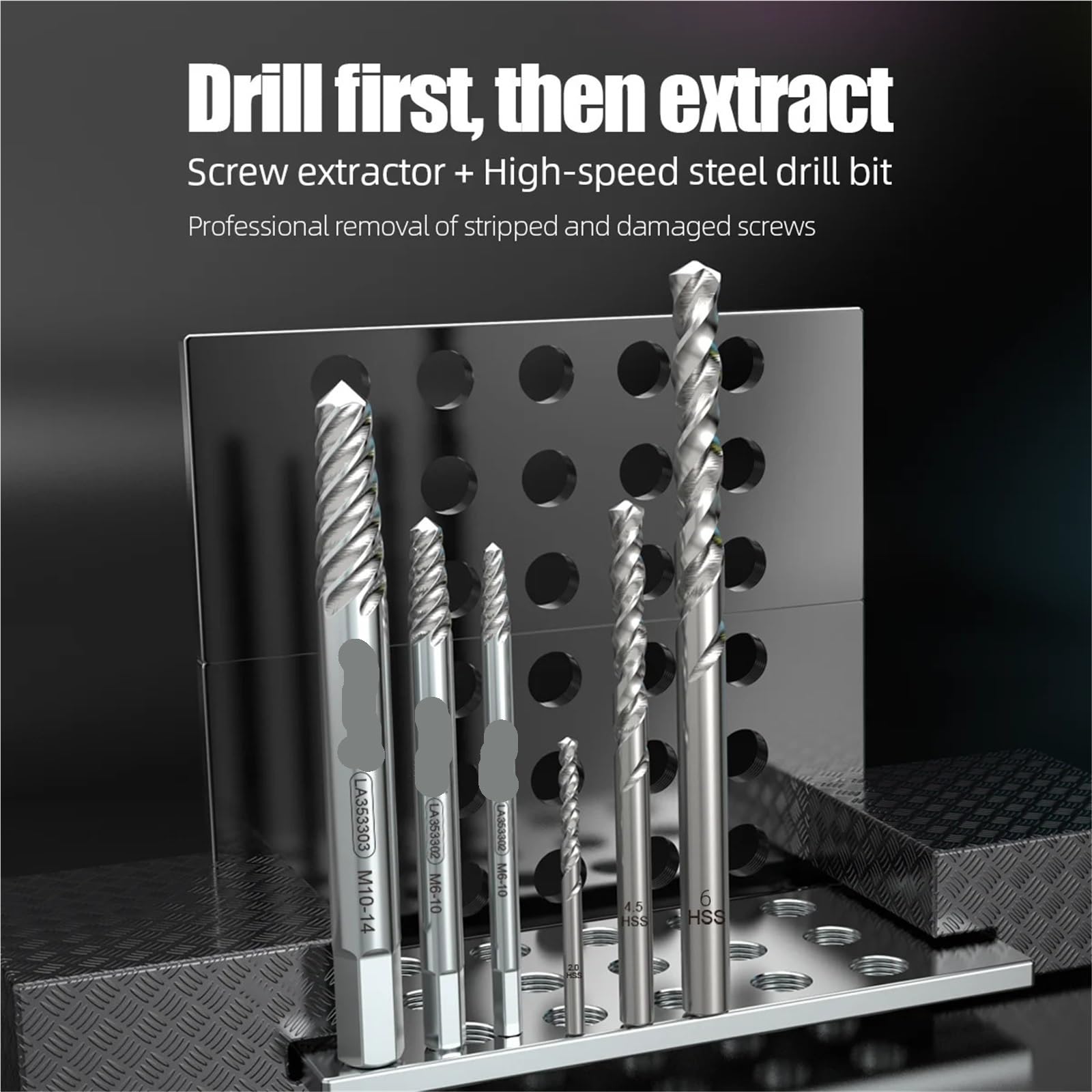 Extractor de tornillos dañados Kit extractor de tornillos dañados, juego de herramientas profesional for quitar pernos, tuercas y espárragos rotos con brocas fáciles de extraer.