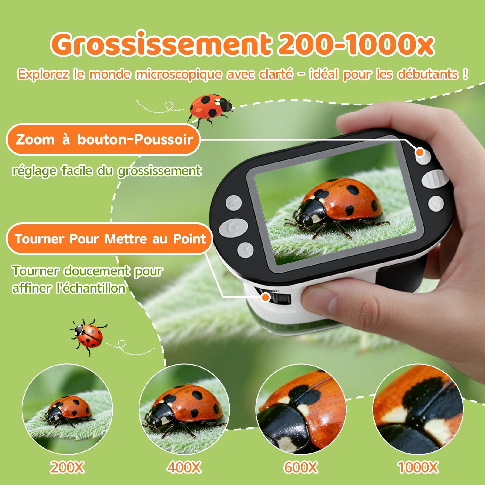 Microscope Enfant Numérique 1000x avec Écran IPS 2,0″ Carte 16 Go LED Recharge USB Portable Kit Cadeau 6 Ans