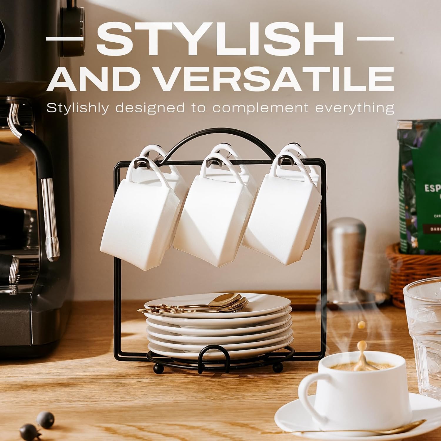 Lareina Juego de 6 tazas de café de porcelana de 3 onzas, tazas de café apilables con platillos, cucharas y soporte de metal, tazas de cerámica Demitasse, accesorios de espresso para máquina, color