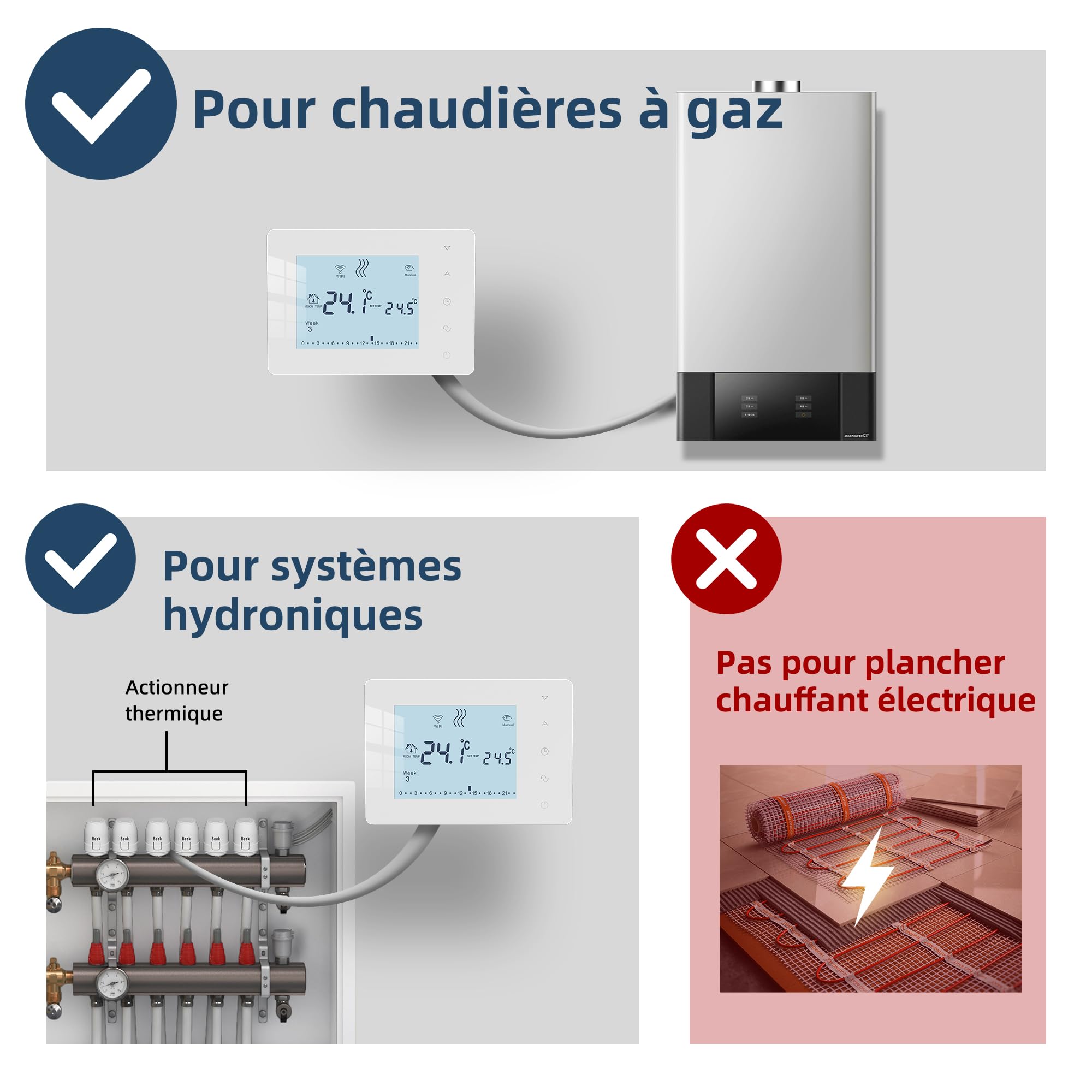 Beok Thermostat chaudière gaz connecté à Piles,en saillie, Grand écran, 3A