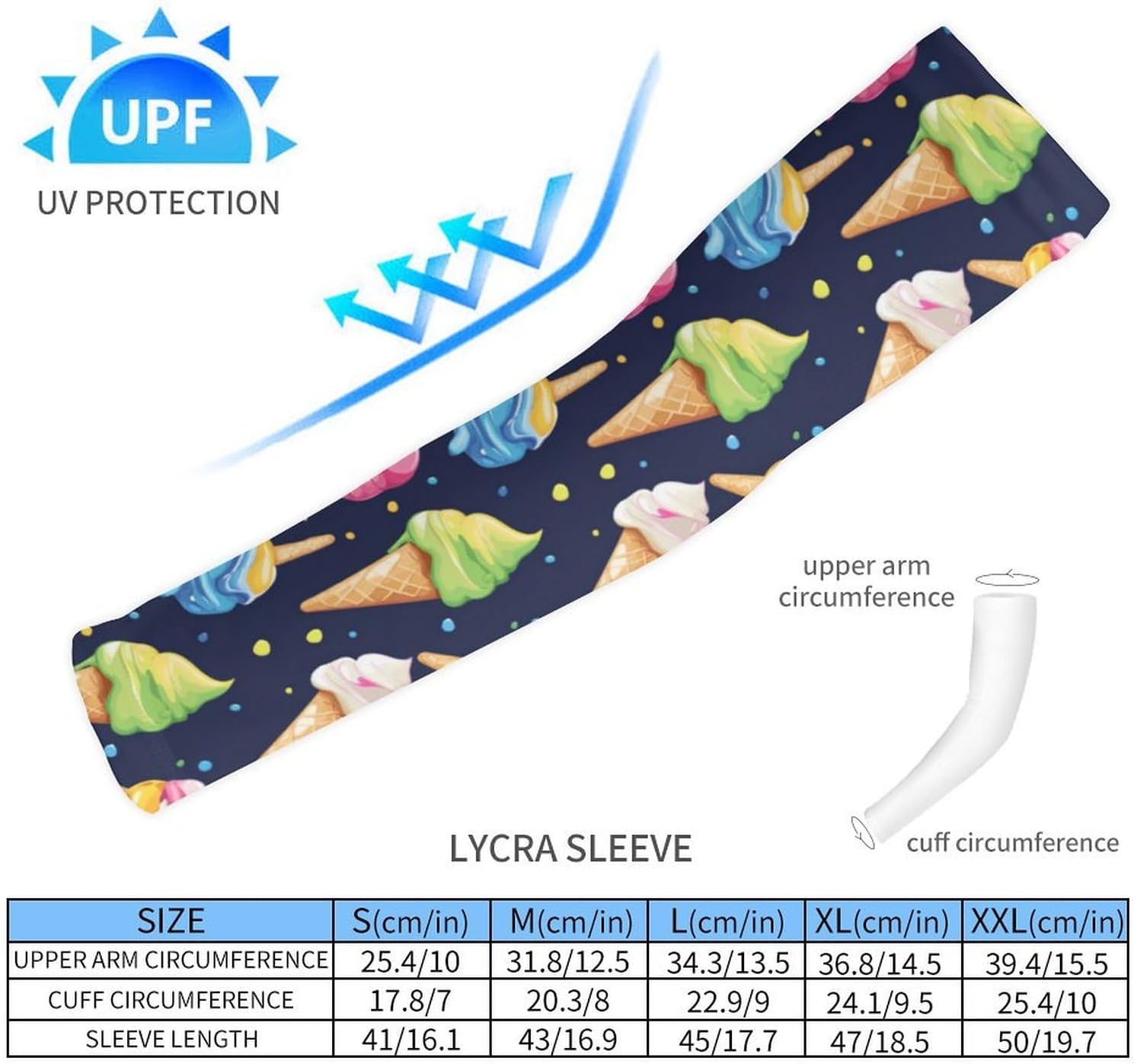 Ice Cream Arm Sleeves Sun Protection Sleeves Sports Cooling Arm Compression Sleeve for Men Women