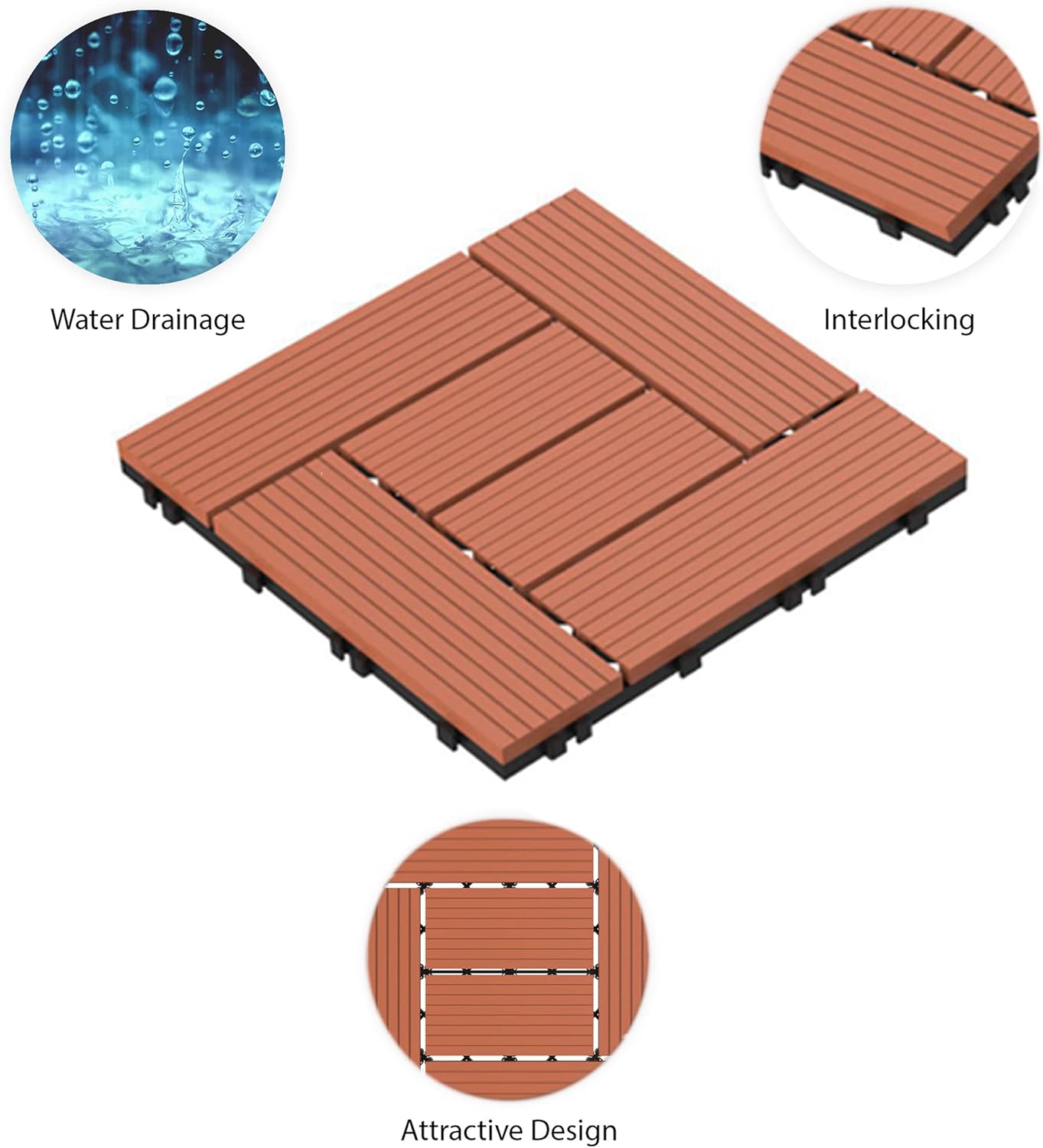 Deck Tiles - 24-Pack Wood Plastic Composite Interlocking Patio Tiles - Outdoor Flooring for Balcony, Porch, and Garage by Pure Garden (Terracotta)