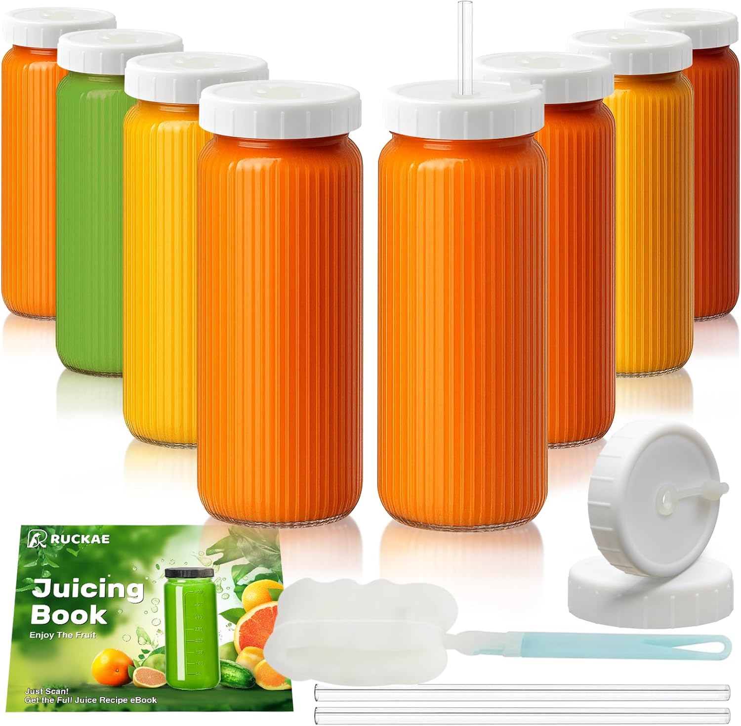 Ruckae 16oz Juice Bottles,Ribbed Glass Juicing Bottles with Lids,Smoothie Cup Lids and Straws,Water Bottle Mason Jar Drinking Glasses for Juicing,Smoothies,Kombucha (Clear-8 pack)