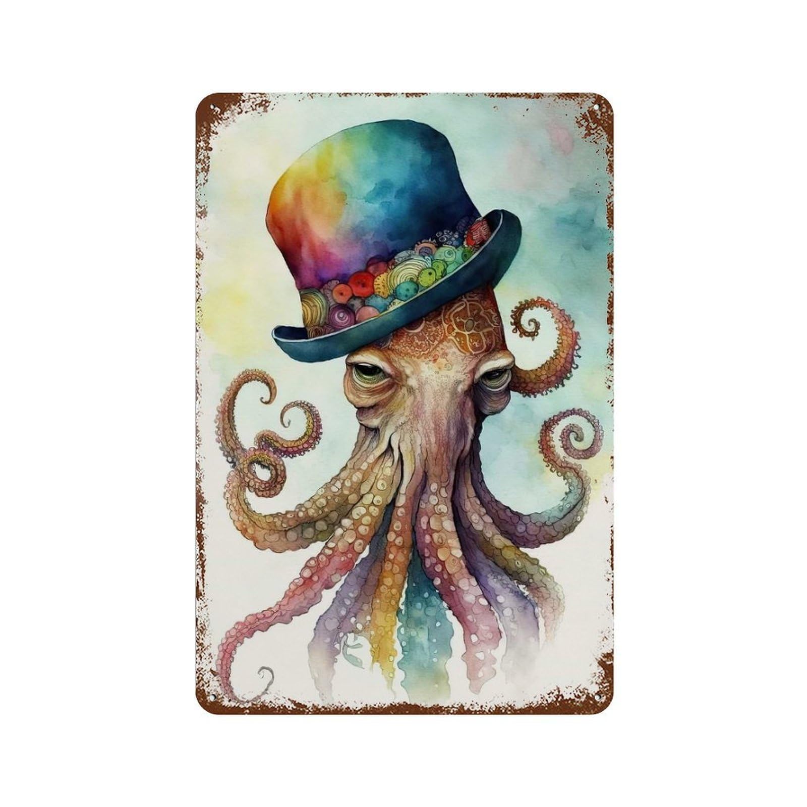 Octopus in Watercolor 11.8"x7.9" Aged Metal Wall Plaque, Novelty Wall Decor for Shed, Workshop And Garage Wall Decor