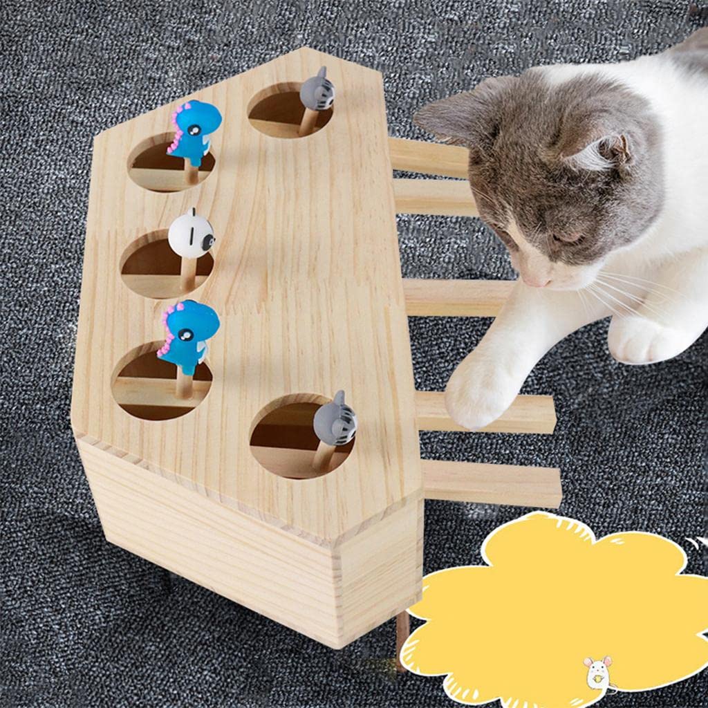 Milageto Caja de para Gatos Juguete Interactivo de Madera con Animales de Silicona Juego de Captura Y Mejora Alertidad Y Estimula Compañerismo, 5 Agujeros
