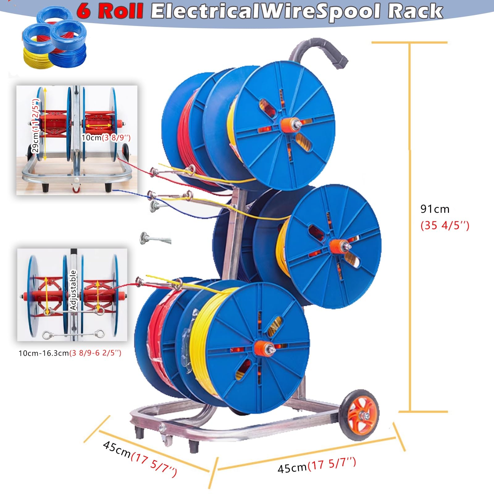 kabelabroller Kabeltrommelhalter, elektrischer Drahtständer mit mehreren Spulen und 6 Kabeltrommeln – Drähte mit einem Durchmesser von bis zu 29,5 x 10 cm, Sortierung der Drahtaufbewahrung