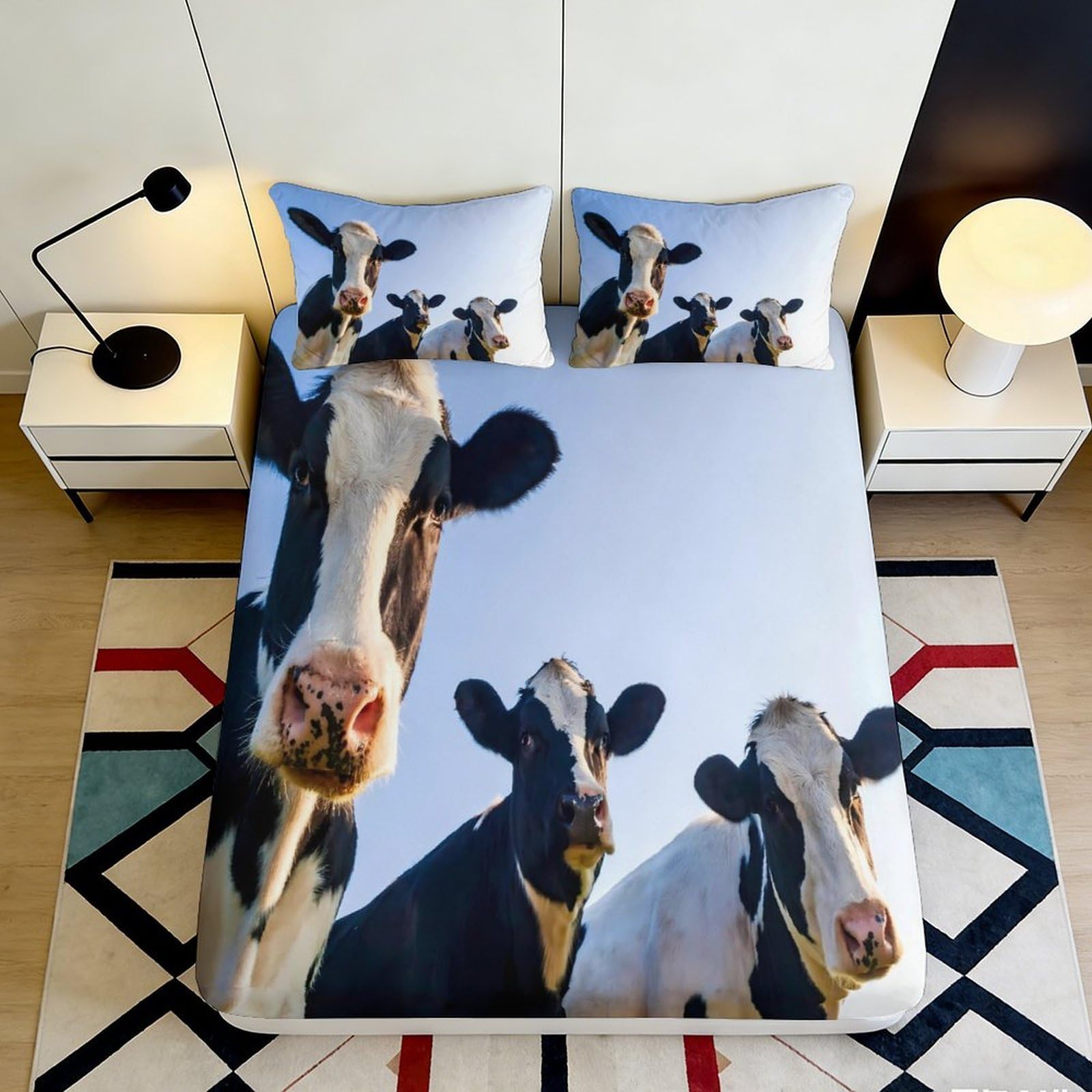 3D Printed Cow Pasture Fitted Sheet Microfiber Soft Animal Farm Bed Cover for Bedroom Guest Room Decor 90x200x25cm