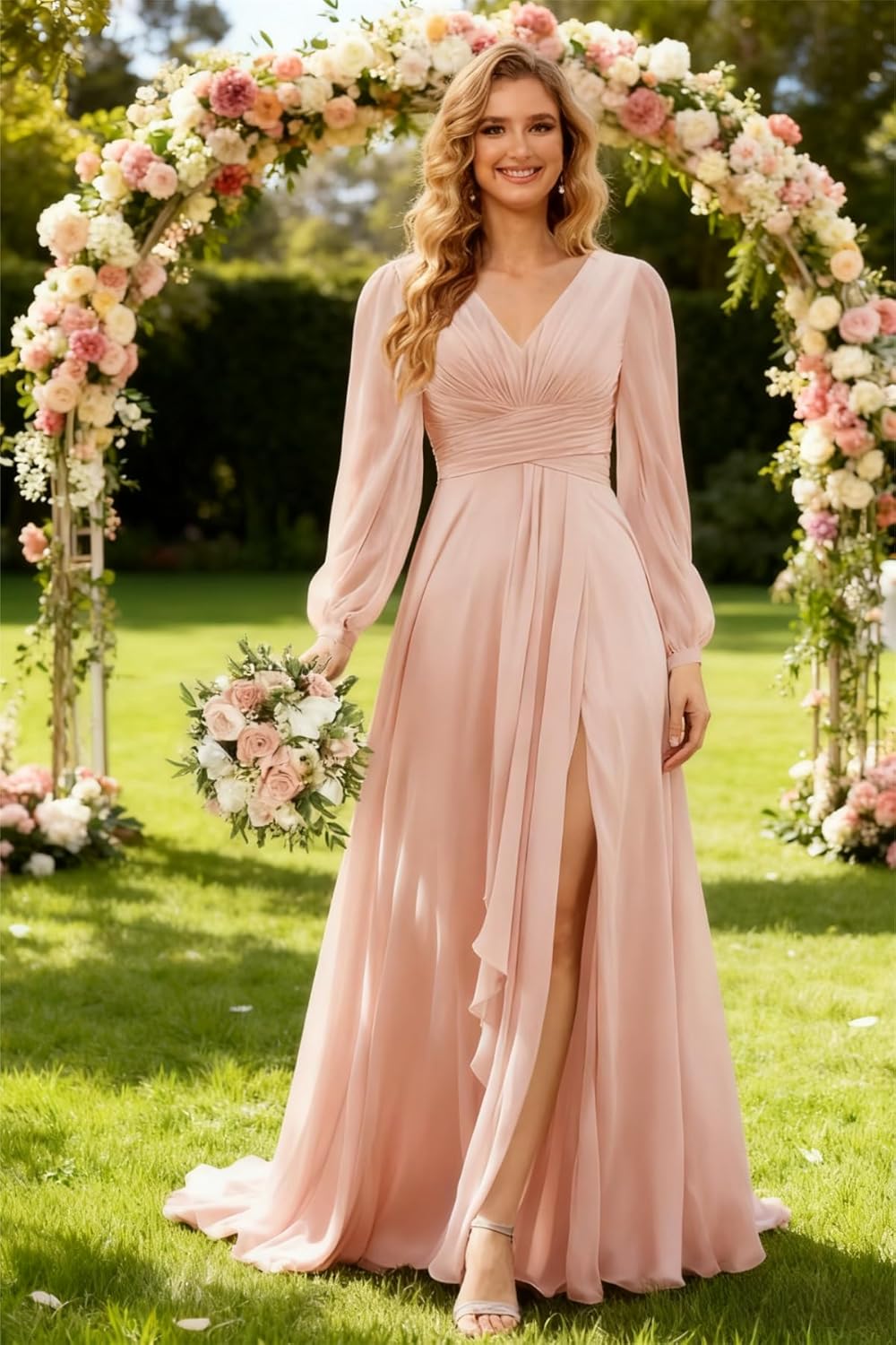 Noras dress Women's V Neck Bridesmaid Dresses Long Sleeves 2025 Chiffon A Line Formal Dress Long with Slit NON002 - Image 3