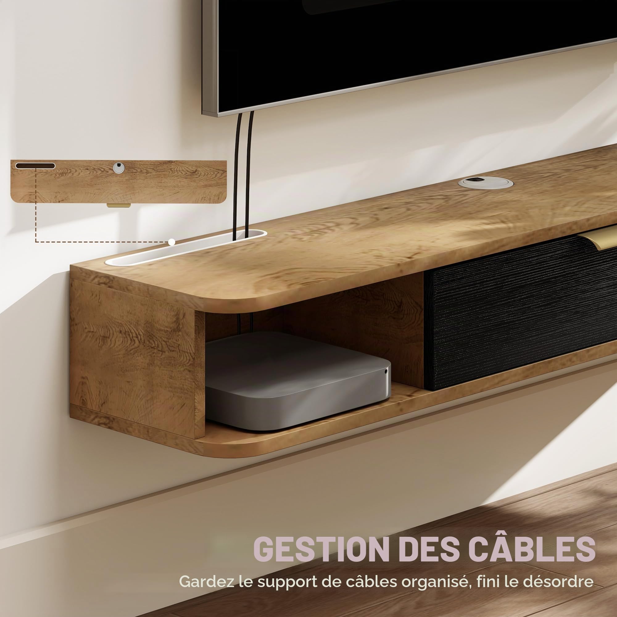 HOMCOM Ensemble de Meubles de Salon, Meuble TV avec étagère Murale, Porte, étagères Ouvertes, Trous pour câbles, pour télévision Murale, 120 x 24 x 16 cm, chêne