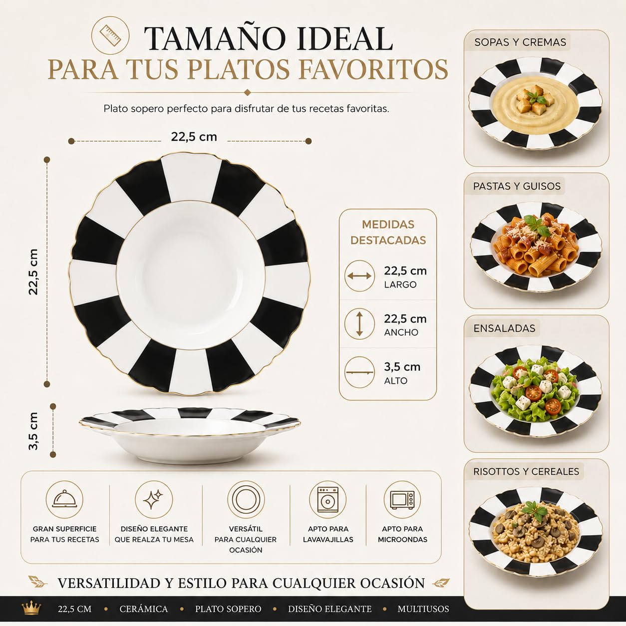 TIENDA EURASIA – Colección de Vajilla y Accesorios de Mesa | Piezas de Servicio y Menaje para Comedor | Cerámica y Acero Inoxidable | Diferentes Modelos y Tamaños (Rayas, Plato Sopero)