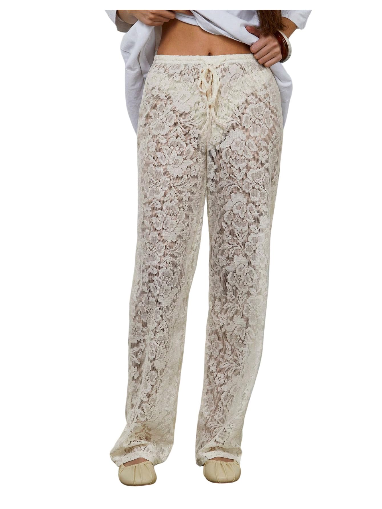 MakeMeChic Womens Floral Lace Pants Drawstring Wide Leg Sheer Low Rise Beach Cover Up Bottoms
