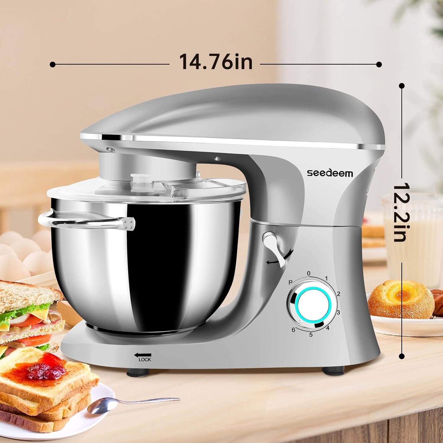 Seedeem 6.5QT Stand Mixer, 660W Tilt-Head Kitchen Electric Mixer with 6 Speeds, Dough Hook, Beater & Whisk, Dishwasher Safe Attachments, Silver