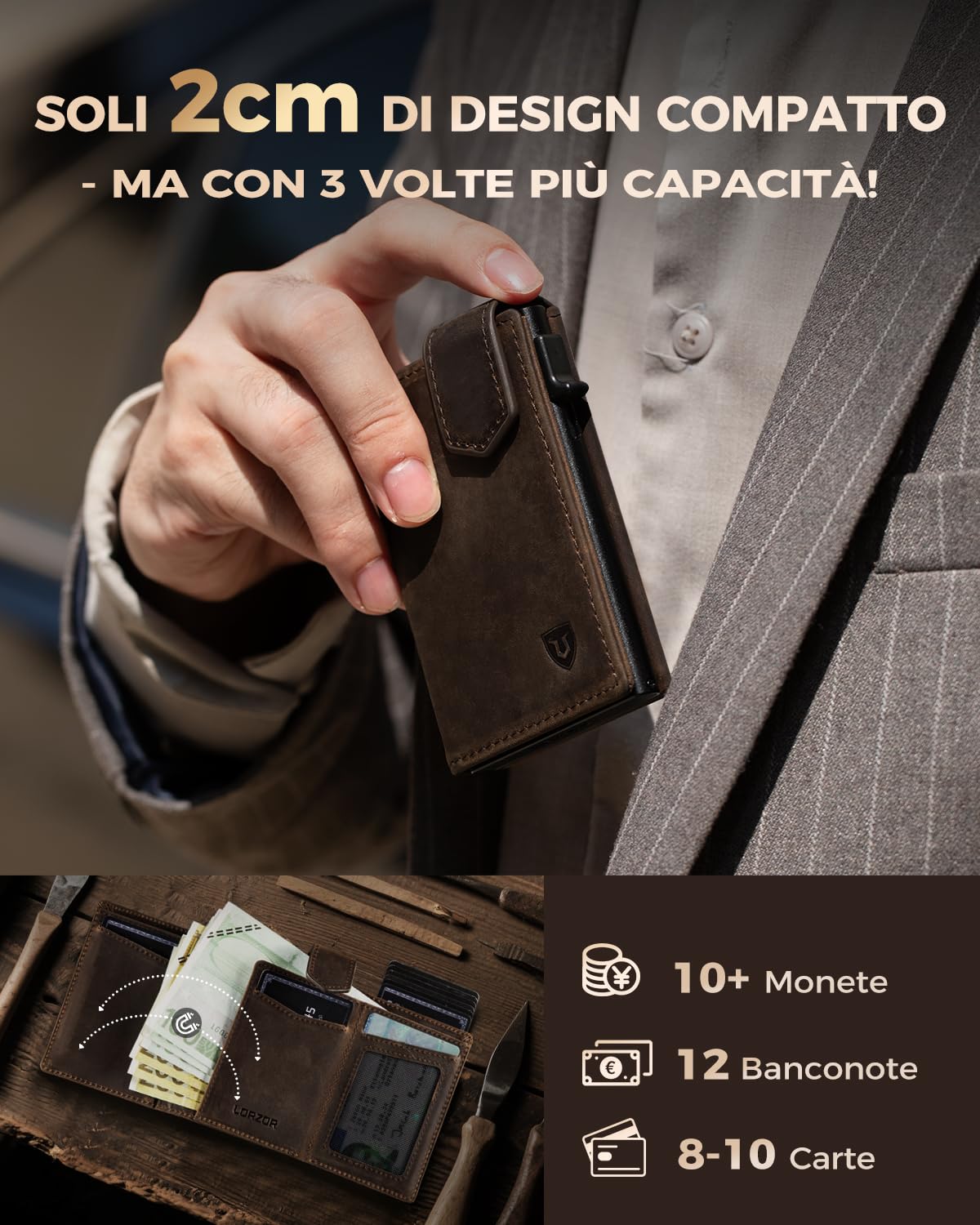 LORZOR Portacarte Uomo con Portamonete XXL, Portafoglio Uomo Slim con Chiusura Magnetica, Porta Tessere Tascabile, Porta Carte di Credito in Pelle con Protezione RFID, Wallet Pop-up per 10 Carte