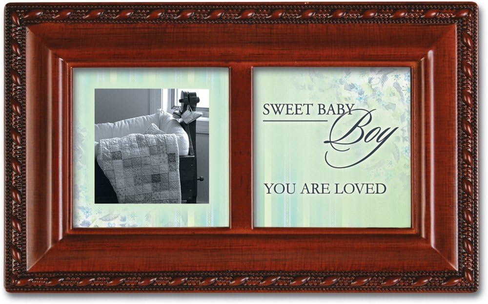 Cottage Garden Sweet Baby Boy Loved Woodgrain Rope Trim Jewelry Music Box Plays Brahms's Lullaby
