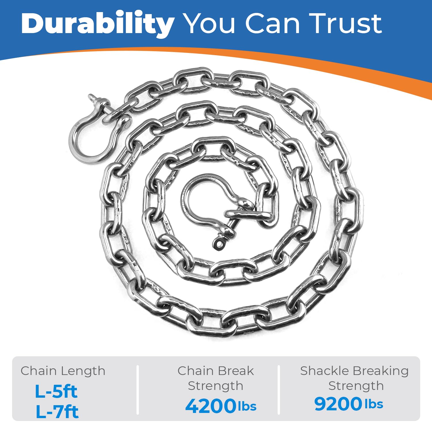 Anchor-Man Stainless Steel Boat Anchor Chain, Marine Grade, High Break Load with 2 Advanced Stainless Steel Shackles Boat Chains (L-5ft x D-3/16)