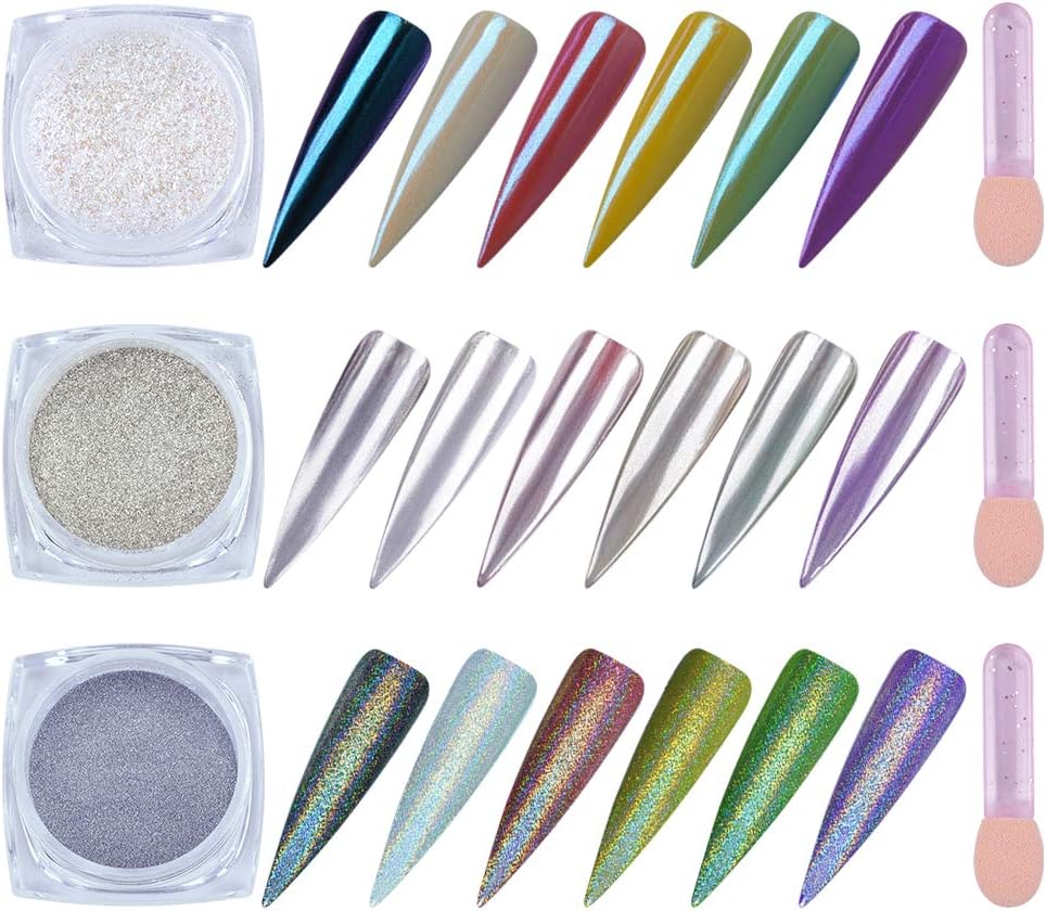 QIMYAR Nail Glitter Neon Chrome Powder Holo Silver Mirror Pigment 3D DIY Laser Rainbow Shiny Dust 3 Bottle