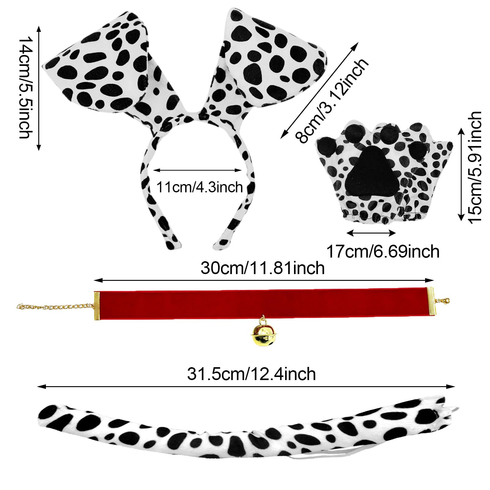 UILYNIU 4 Pieces Dalmatian Costume Set Dog Costume for Kids Adults Headband Choker Tail Gloves Dog Ears Fancy Dress for Halloween Carnival Cosplay Dress Up Party (4 pcs - Image 2