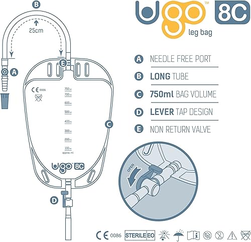 Miniatura 7 de Ugo Leg Bags (x10)  Urine Drainage BagsCatheter Leg Bags, T Tap or Lever Tap with Soft Fabric Backing and a Natural Leg-Shape Design (Pack of 10)