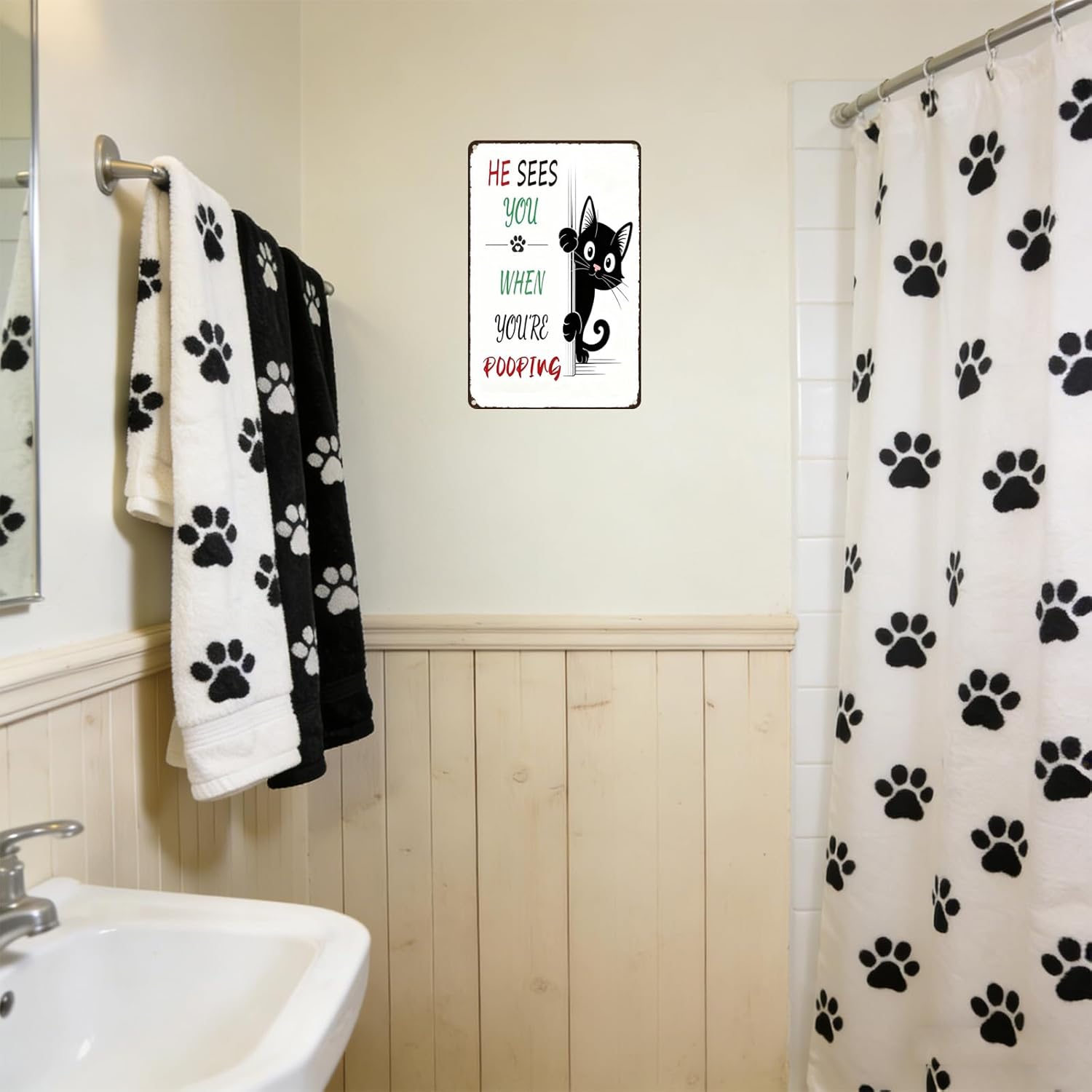 Funny Black Cat Bathroom Wall Art Decor Sign,He Sees You When You're Pooping,Vintage Cat Stuff Toilet Accessories Gifts for People Who Love Cats - Image 4