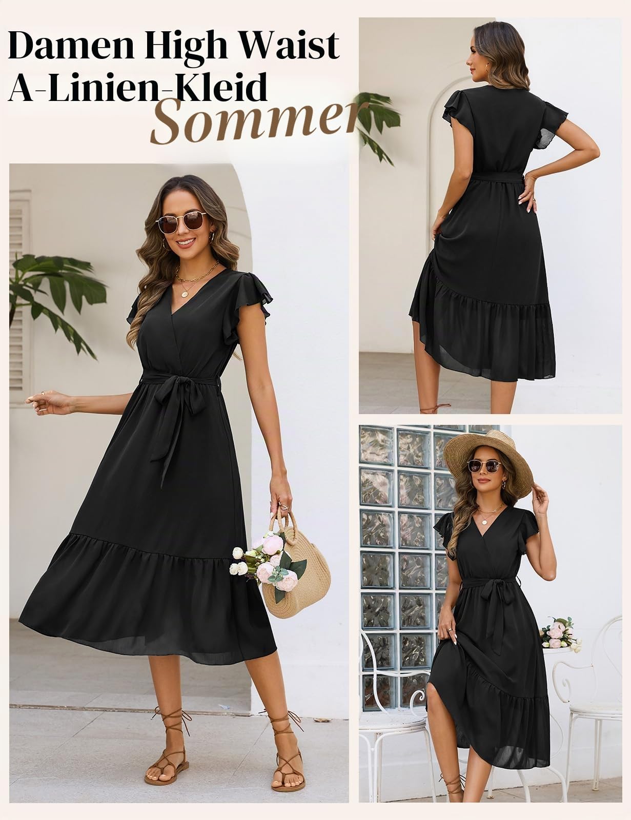 Sommerkleid Damen Maxikleid Casual V-Ausschnitt Rüschen Ärmeln Lang Kleid Sommer Elegant Hohe Taille A Linie Freizeitkleid Knielang Boho Strandkleid mit Gürtel