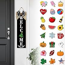 Sintuff Holiday Interchangeable Welcome Sign for Front Door Christmas Wood Porch Sign with 24 Pcs Seasonal Icons Home Farmhouse Xmas Welcome Outdoor Festival Seasonal Decoration(Black,15.8 Inches)