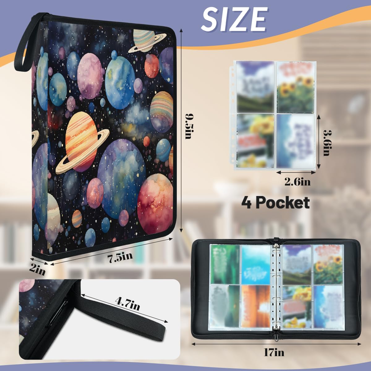 Raccoglitore per carte collezionabili con 4 tasche, 400 tasche, custodia per carte fronte/retro con maniche rimovibili, Galaxy Outer Space Solar System Universo cielo stellato, set di protezioni per