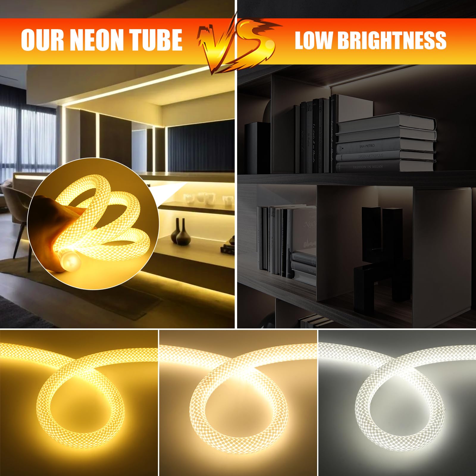 Dimmbare Neon LED Streifen 4M, 360° Rundes Maschenrohr Neon Band, SMD2835 240LEDs/m Warmweiß IP67 Wasserdichtes Schlauch Lichtband mit 24V 3A Adapter für Weihnachten, Innen/Außen Deko