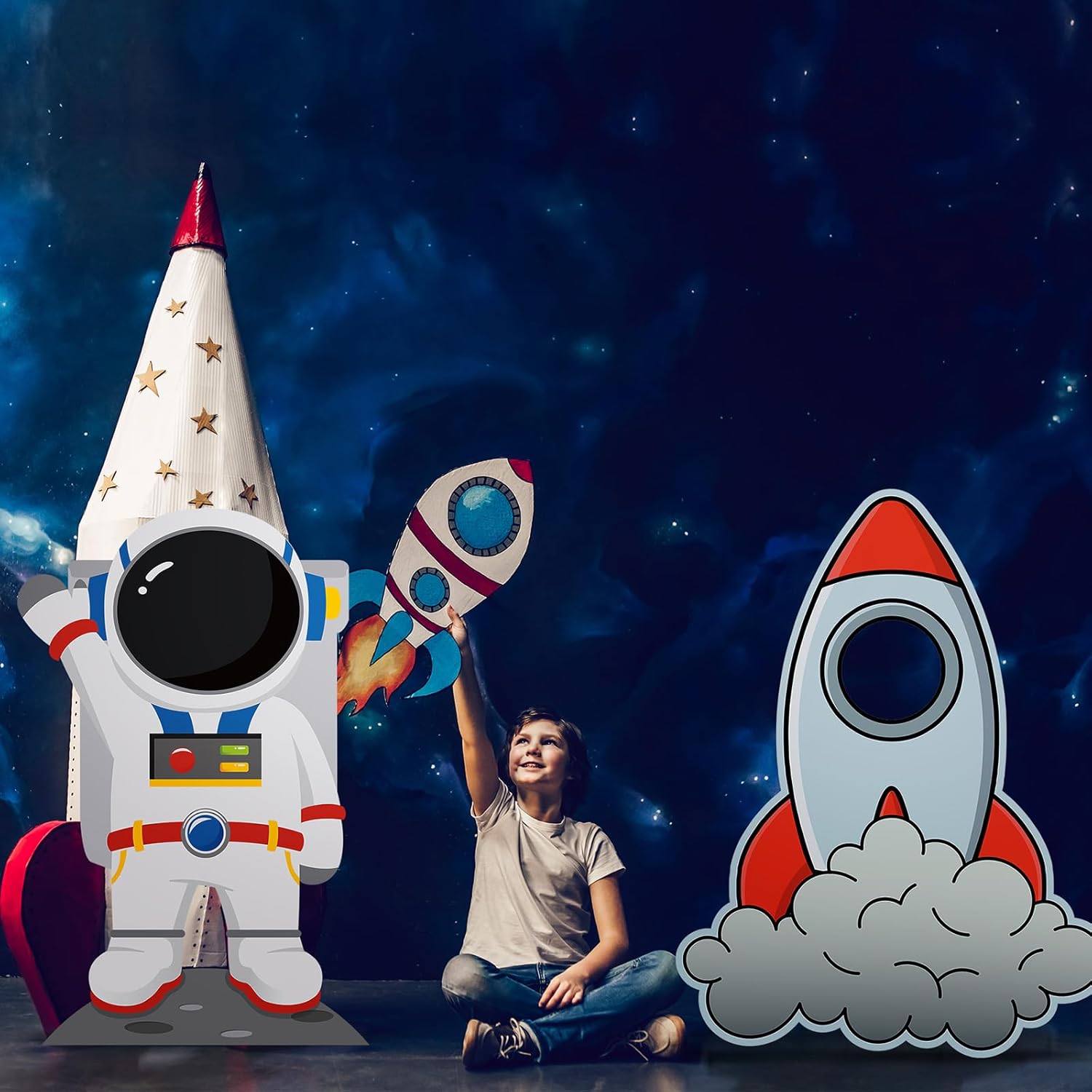 Leinuosen 2 Pcs 4.7 ft Astronaut and 5 ft Rocket Space Ship Cardboard Cutout Stand Ups Rocket Spaceship Backdrop Photo Props Standup for Classroom VBS Space Astronaut Theme Party Decoration Backdrop