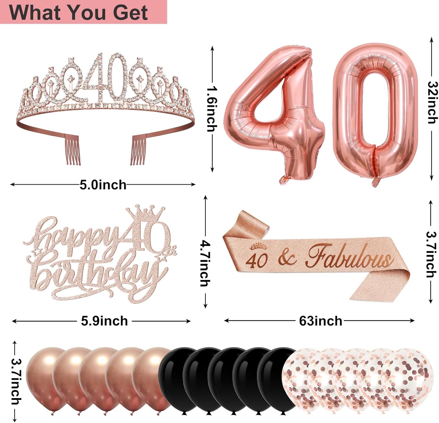 40th Birthday Decorations for Women,32PCS 40th Birthday Party Decorations,Including Backdrop, Crown, Sash, banner, Hanging Swirl,Cake Topper,balloons,Paper Fans,Anniversary Card and paper fans - Image 2