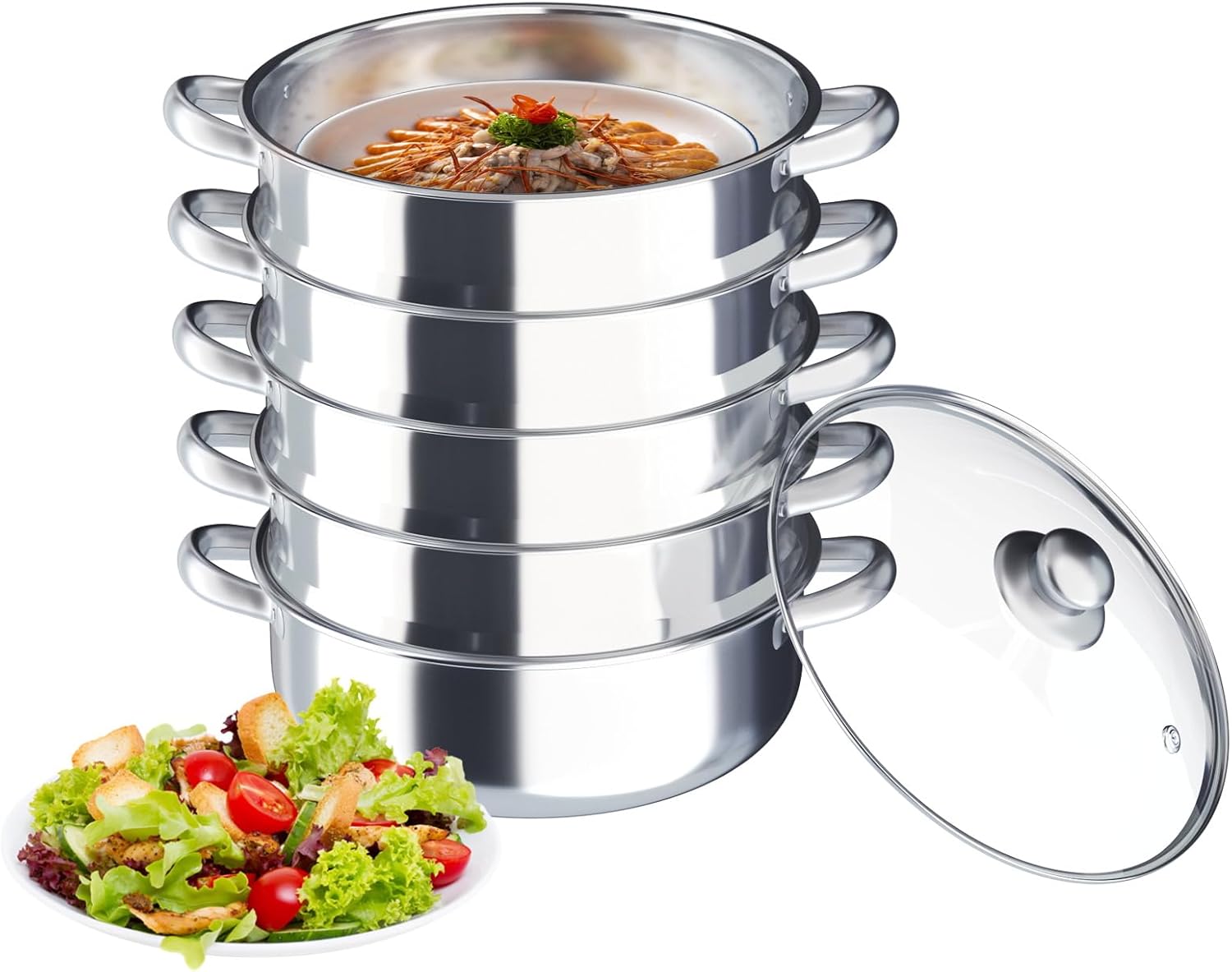 5 Tier Stainless Steel Steamer Pot, Steamer for Cooking, 12 Inch Stackable Food Steamers with Glass Lid, Large Multi-Layer Cookware for Vegetables, Seafood, Soup