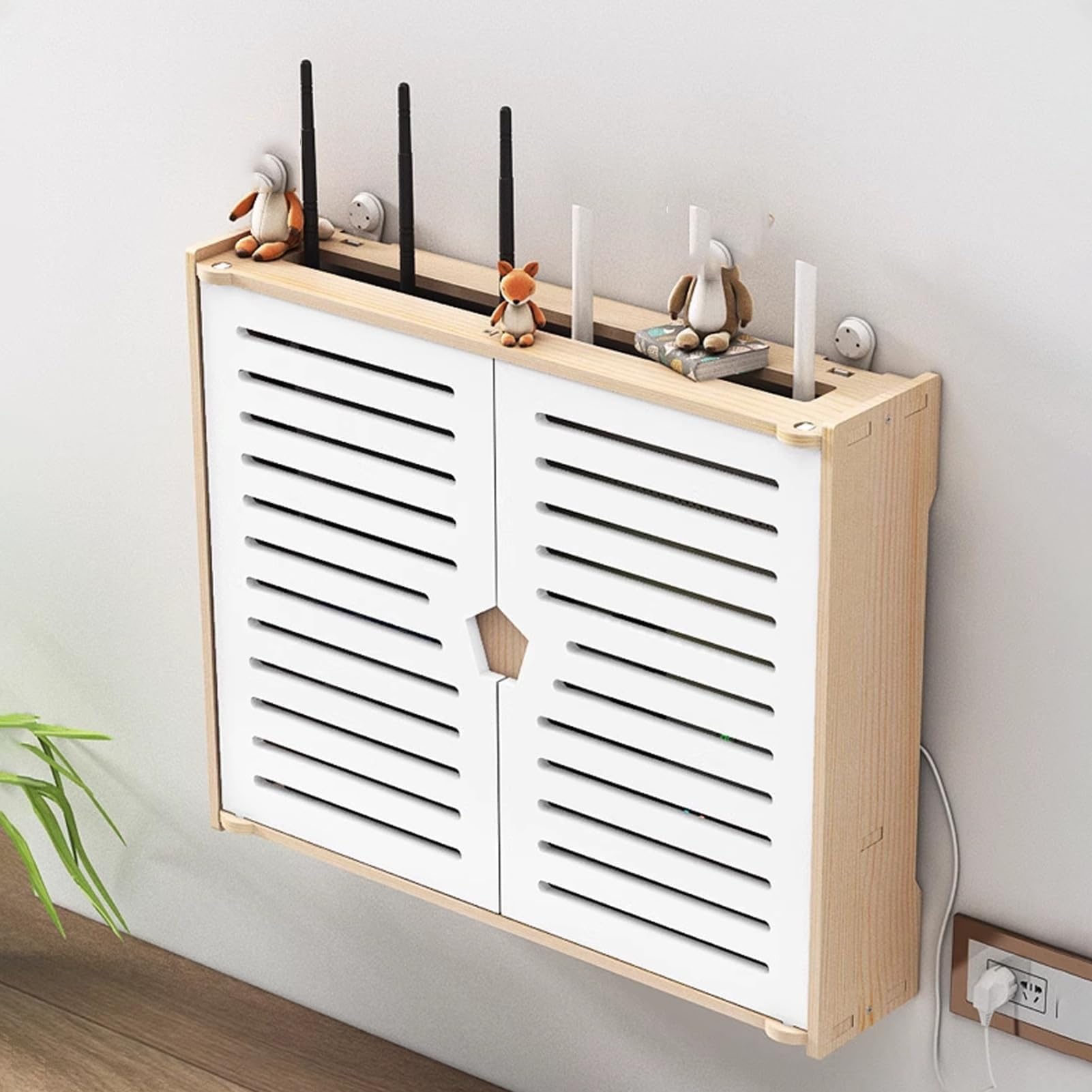 2-stufige WLAN Router Versteckbox für Steckdosenleiste, Kabelmanagement dekoratives Wand montiertes Heimmedien Aufbewahrungsregal, Holz(47x10x43cm)