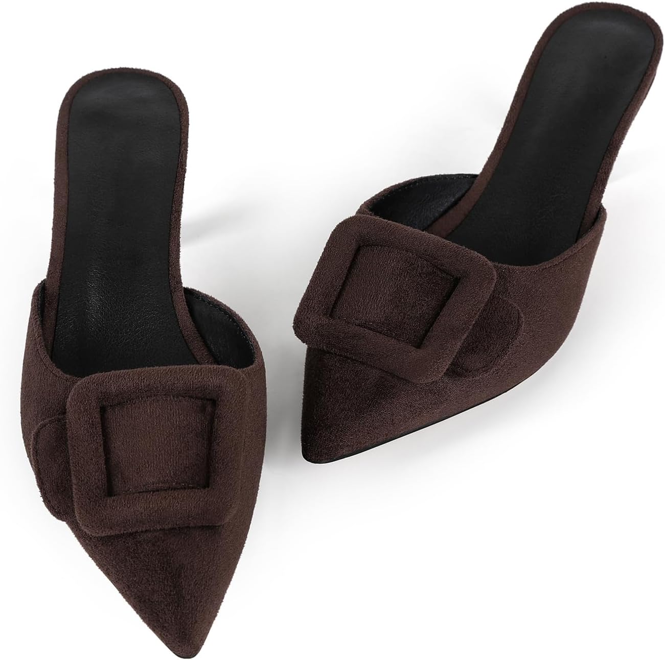 Kitten Heel Mules Sandals for Women Pointed Toe Square Buckle Backless Slip on Suede Stiletto Dress Heeled Sandals Wedding Party Shoes