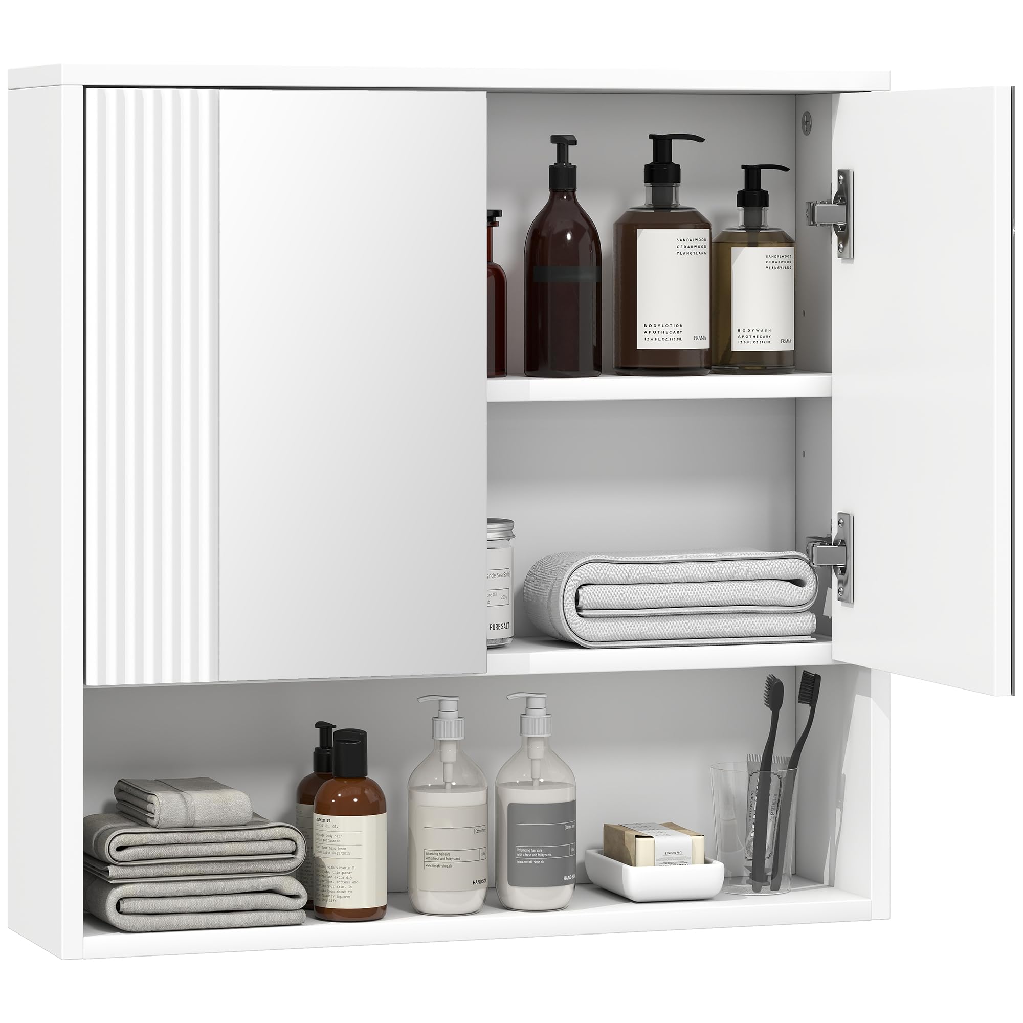 HOMCOM Mobile Bagno da Parete, Mobiletto Bagno Pensile Sospeso Moderno con Anta Soft Close, 2 Ante Specchiate, Scomparto Aperto, Ripiano Regolabile, per Soggiorno e Ingresso, Salvaspazio, Bianco
