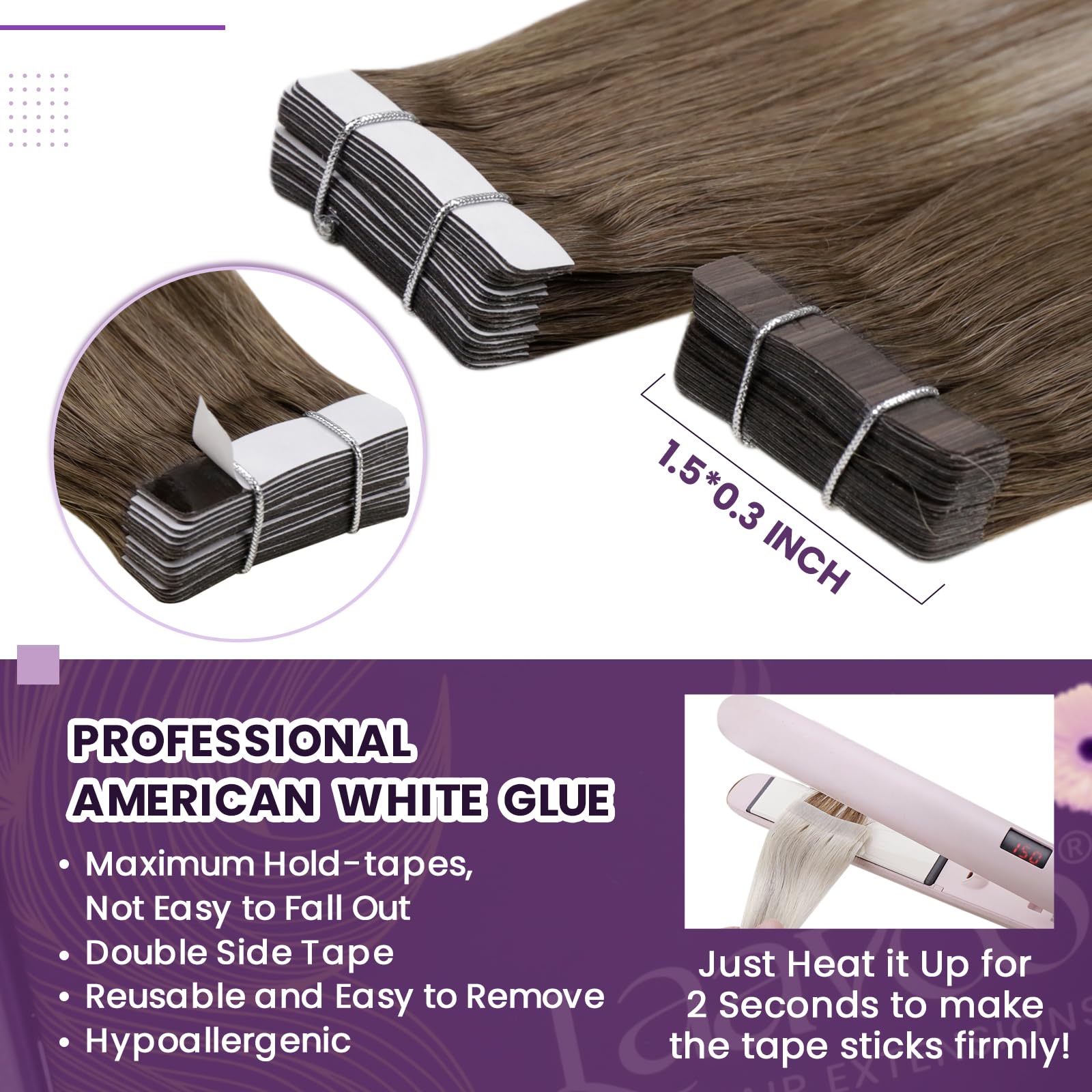 LaaVoo Tape in Hair Extensions Human Hair Balayage Tape Hair Extensions Real Human Hair Invisible Tapes Remy Straight Brown to Light Blonde Hair Double Sided Tabs 20pcs 50g 16 Inch #8/60/8 - Image 3