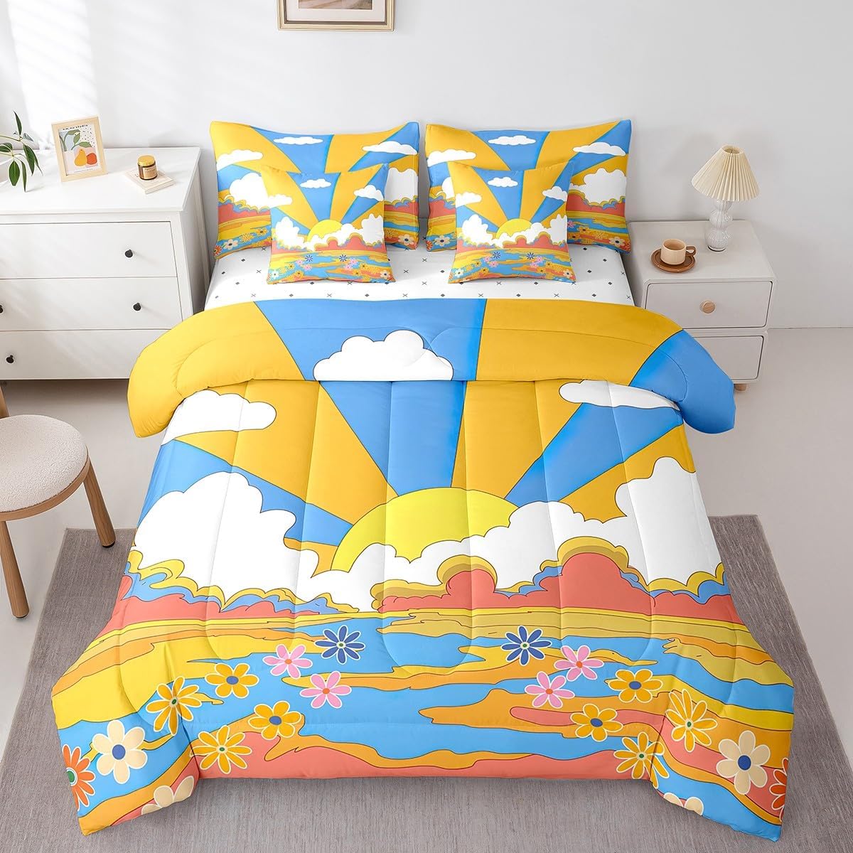Erosebridal 1960's 1970's Comforter Set for Adult,Disco Hippie Indie Flower Bedding Set Twin Size,Colorful Summer Floral Bed Sets with Sheet Set,Hawaii Groovy Garden Floral Bed in A Bag 7 Piece