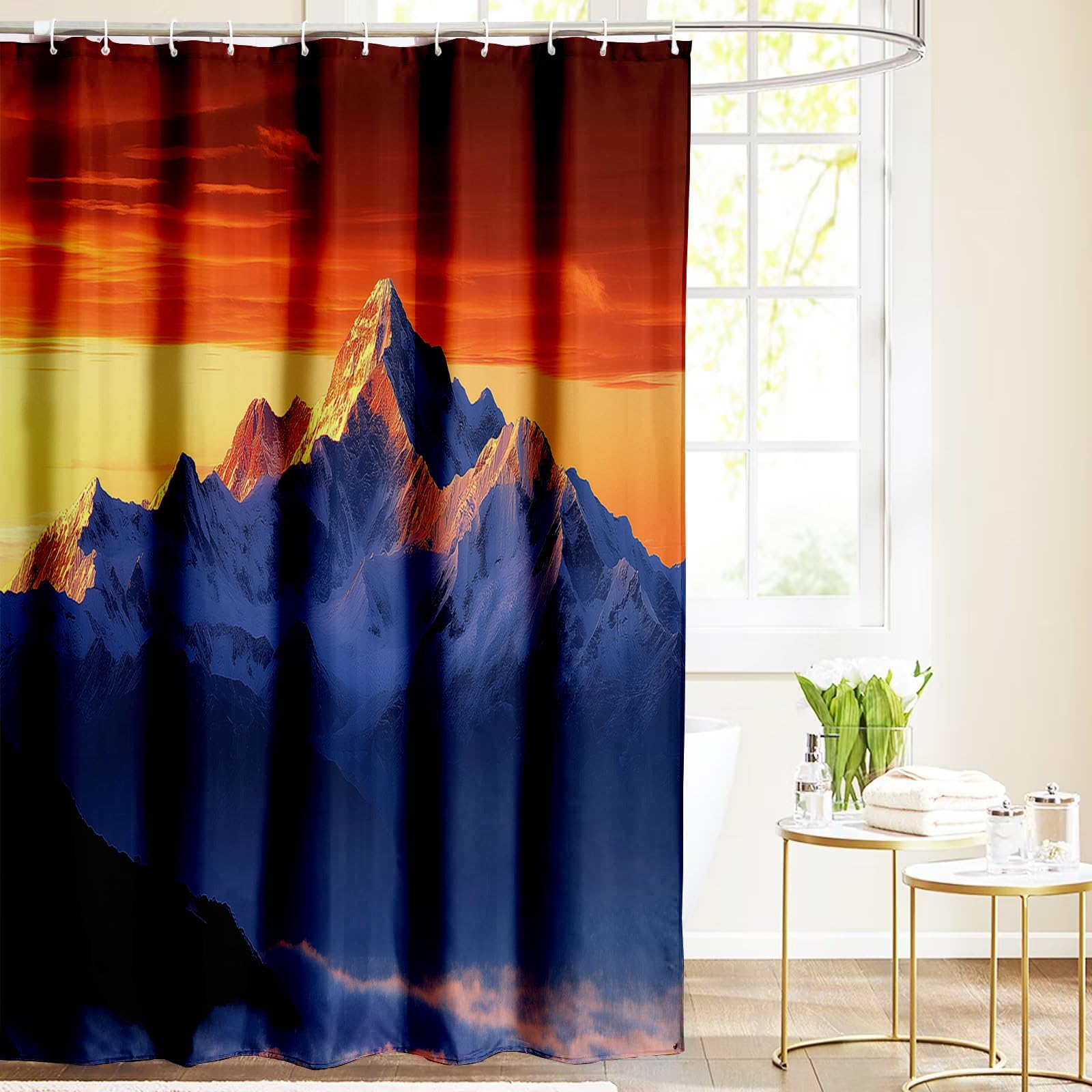 Duschvorhang 240x200cm Polyester Textil mit Natur Sonnenaufgang Muster,Waschbar duschvorhänge,Gebirge Wasserdicht und Schnell Trocknend badevorhänge mit 12 Hake