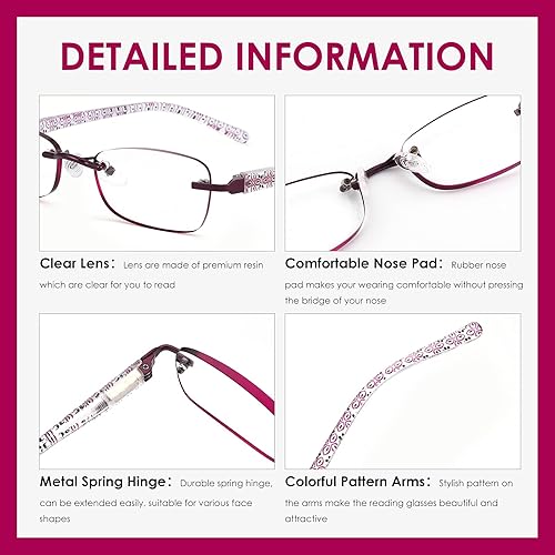 Miniatura 4 de LOVIVY Paquete de 3 lentes de lectura sin montura para mujer, con bloqueo de luz azul, borde tintado, patrón de bisagra de resorte, lentes de brazo,