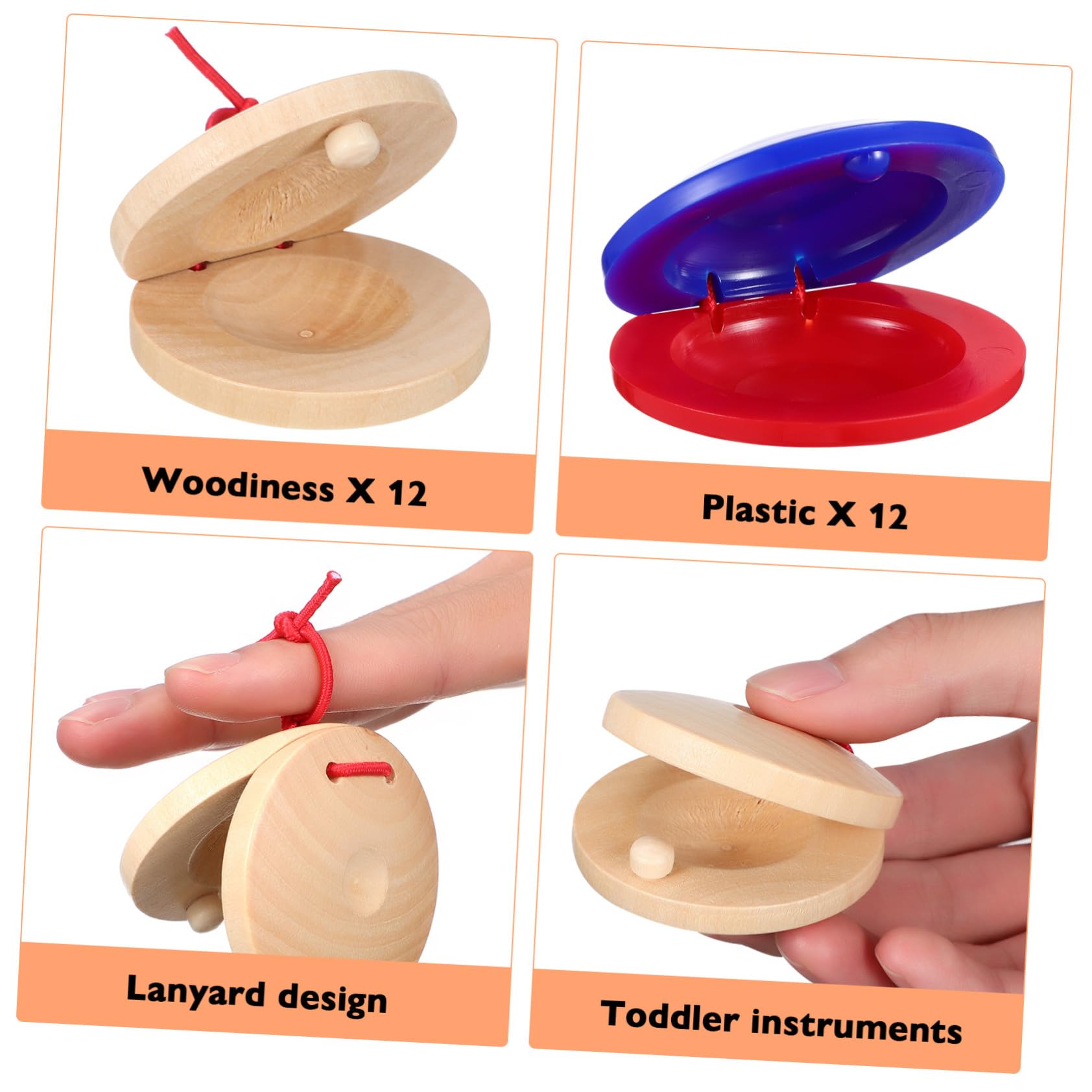 Juguete de Castañuelas para Niños Pequeños 24 Piezas de Madera | Plástico, Instrumentos Musicales Educativos, para Ñiño y Toddler, 12 12 Piezas
