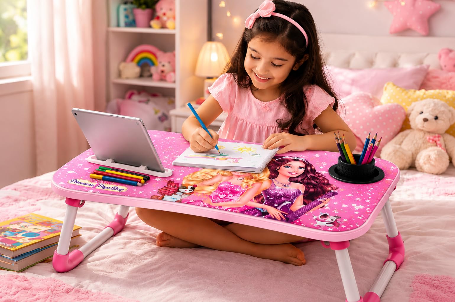 Foldable Laptop Table for Bed, Multipurpose Study Table with Cup Holder & Tablet Slot, Portable Bed Table with Foldable Legs & Rounded Corners for Kids, Study, Reading & Laptop, Pink-image-27