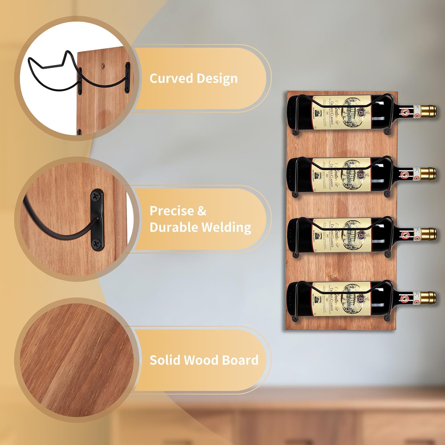 Wall Mount Wine Rack, Holds 8 Bottles, Wooden Wine Storage with Metal Brackets, Perfect for Small Spaces, Dining Rooms, Kitchens and Bars