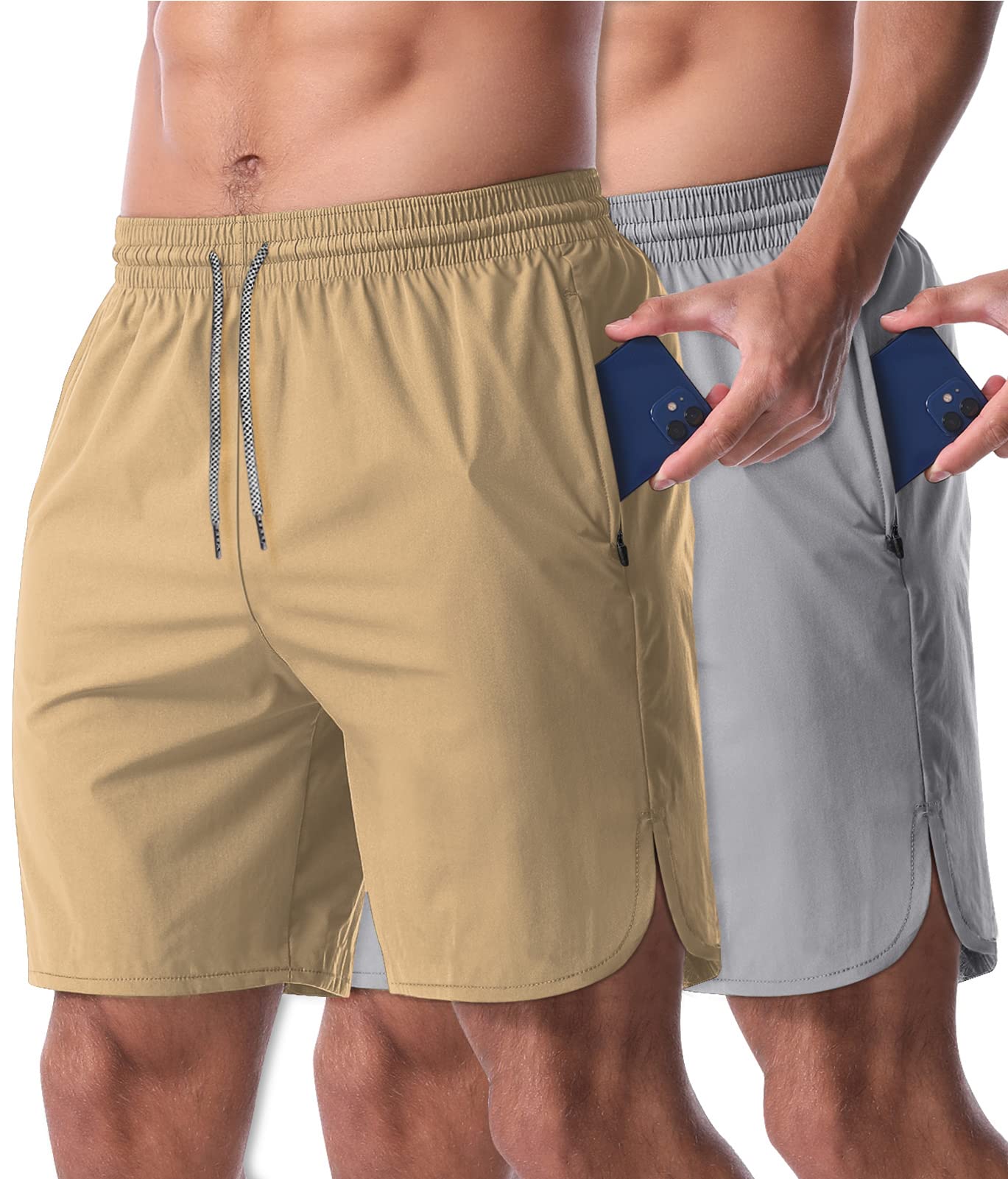 CANGHPGINMen's Workout Athletic Running Shorts Zipper Pocket with Drawstring 2 Pack for Basketball Rugby Sports Shorts, Light Grey+khaki, Medium