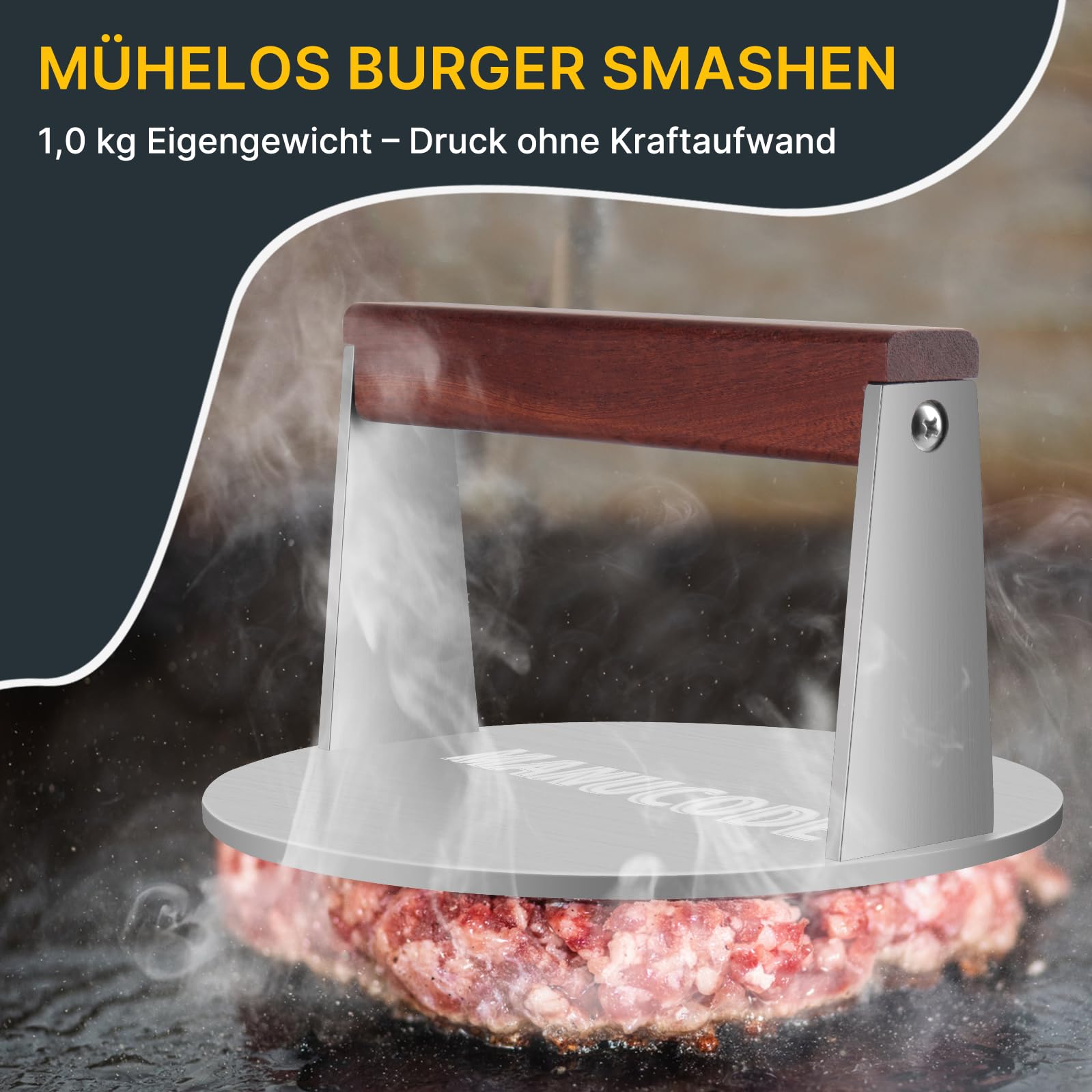 Smash Burgerpresse aus Edelstahl mit Holzgriff, 17 cm Rund, 1 kg | Burger Smasher für Grillfans, kompakt für Steak und Bacon, leicht zu reinigen, für Grill und Pfanne, flache Pressfläche