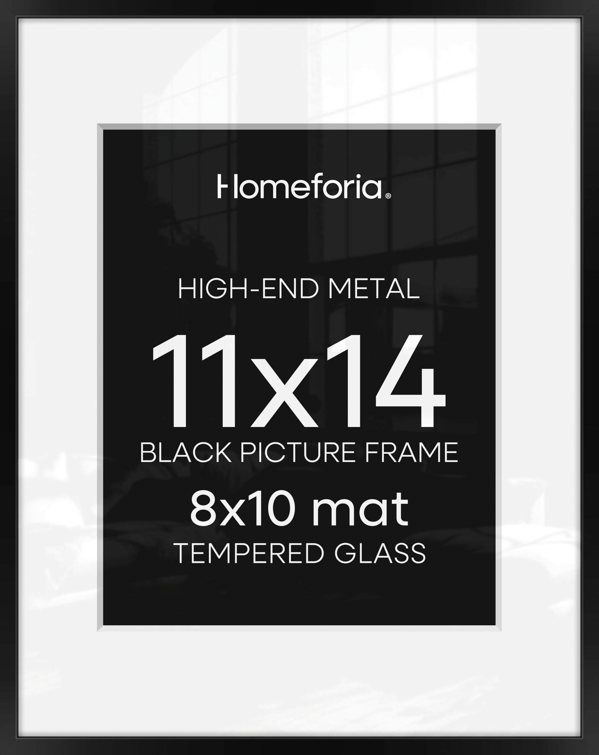Homeforia Black 11x14 Picture Frame, High End Metal 11x14 Poster Frames with Mat 8x10, 11 x 14 Black Frame Matted to 8 x 10 inch Photo, 11 by 14 Thin Hanging Frames, Tempered Glass, Wall Kit, Set of 1