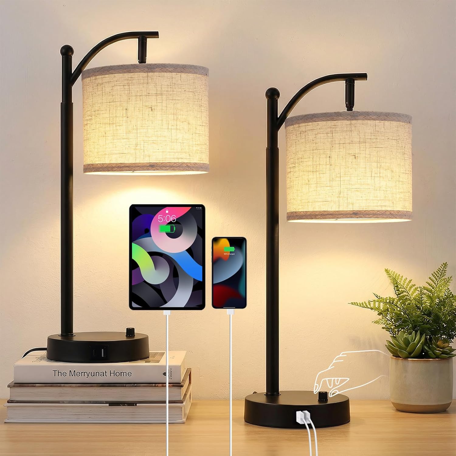 Arc Table Lamp Set of 2, Bedside Lamps with A+C Charging Ports, Stepless Dimmable Modern Standing Lamp with Adjustable Brightness, Desk Light for Living Room, Bedroom, Office Reading, Black