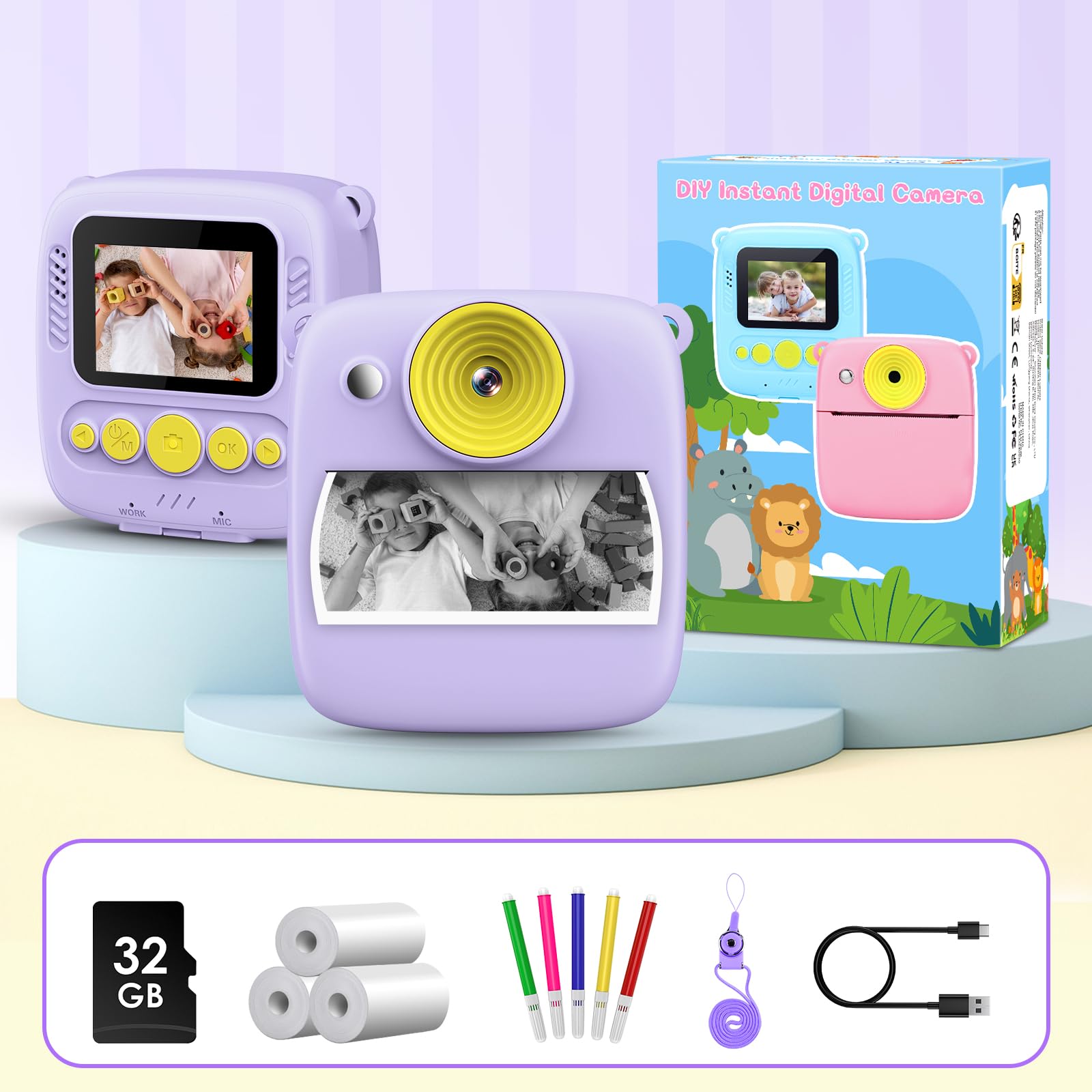 Gofunly Appareil Photo Instantané Enfant, 2.0 Pouces Appareils Photos Numériques Enfants avec Carte 32GB & Papier Photo, HD 1080P Camera Enfant, Noël Anniversaire Cadeau pour Filles Garçons 3-8 Ans