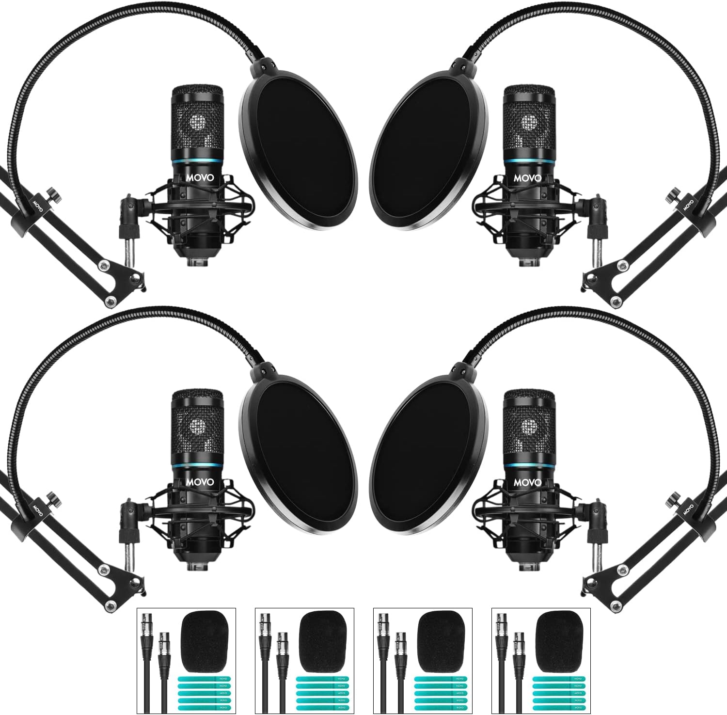 Movo PodPak4A 4-Pack Universal XLR Condenser Microphone Podcast Equipment Bundle for 4 – Includes Cardioid Mics, Desk Mount Stands, Shock Mounts, Pop Filters, and Audio Cables – Podcasting, YouTube
